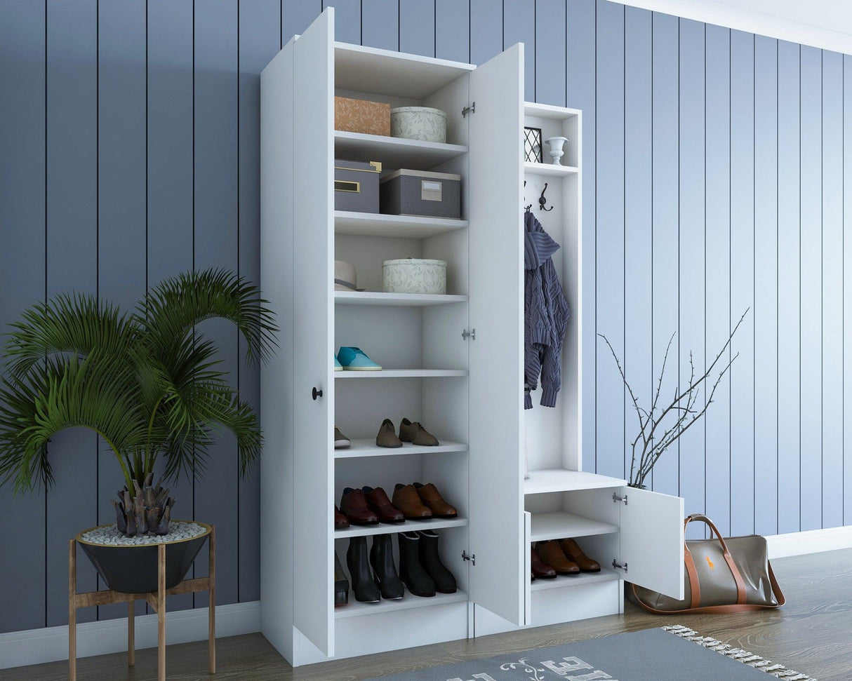 Cuier cu pantofar Belhanda cu 4 usi, Alb, 120 x 183 x 37 cm