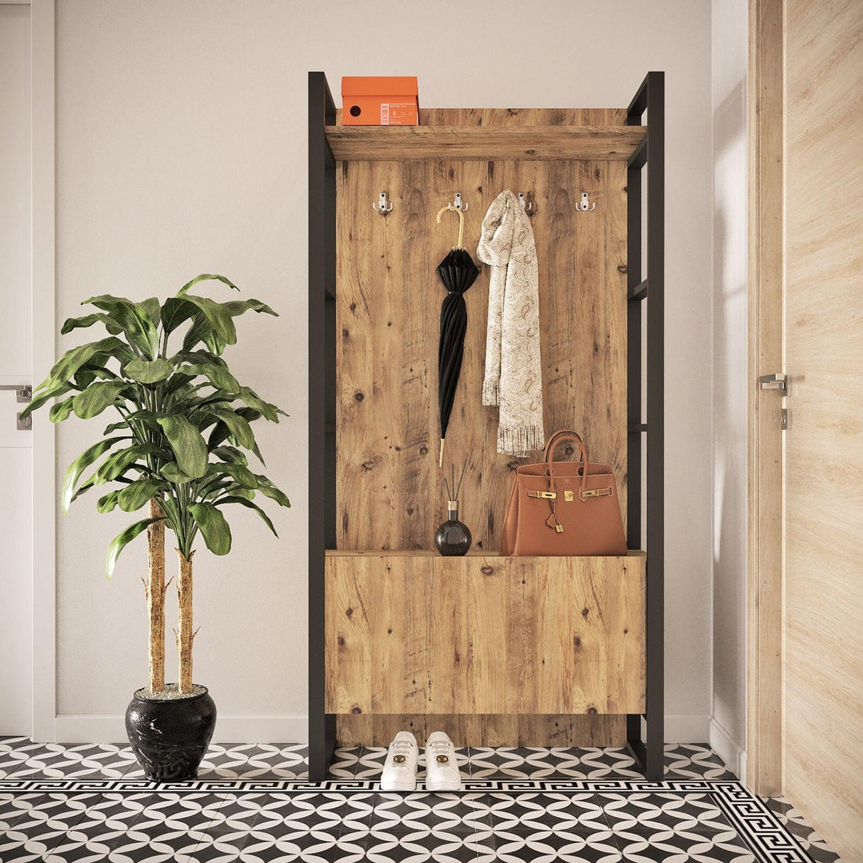 Cuier cu pantofar cadru metal, Stejar, 90 x 180 x 34 cm