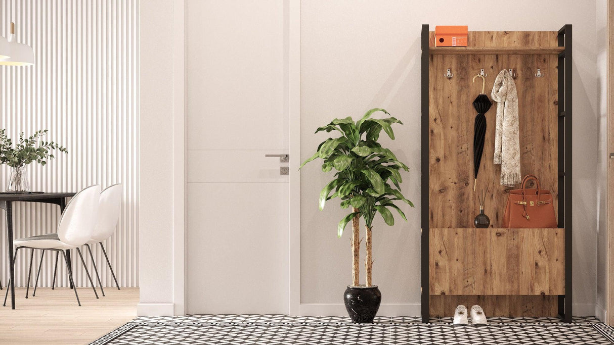 Cuier cu pantofar cadru metal, Stejar, 90 x 180 x 34 cm