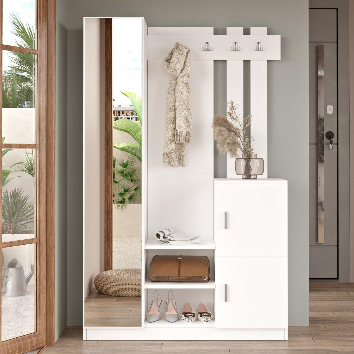Cuier cu pantofar Fistik cu oglinda si 2 compartimente, Alb, 114x180x35 cm