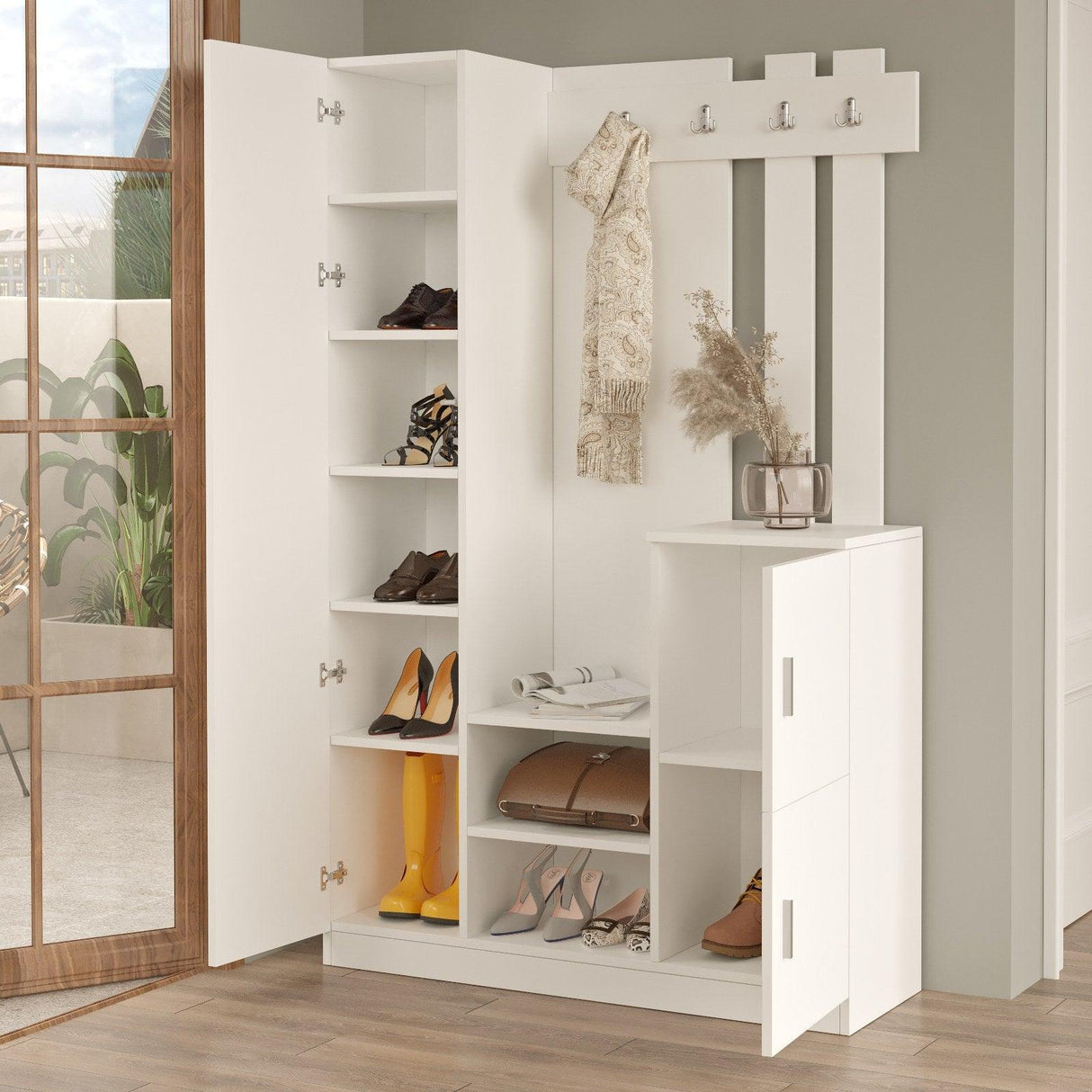 Cuier cu pantofar Fistik cu oglinda si 2 compartimente, Alb, 114x180x35 cm