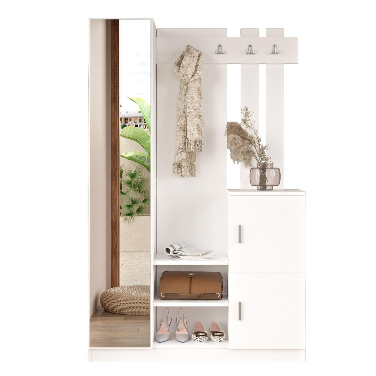 Cuier cu pantofar Fistik cu oglinda si 2 compartimente, Alb, 114x180x35 cm