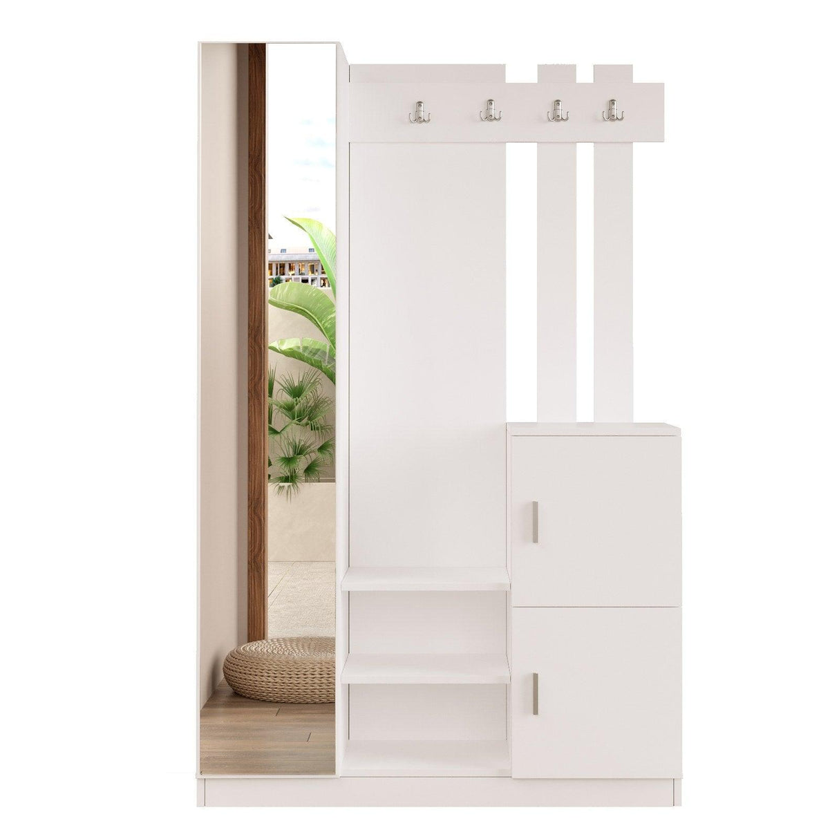 Cuier cu pantofar Fistik cu oglinda si 2 compartimente, Alb, 114x180x35 cm