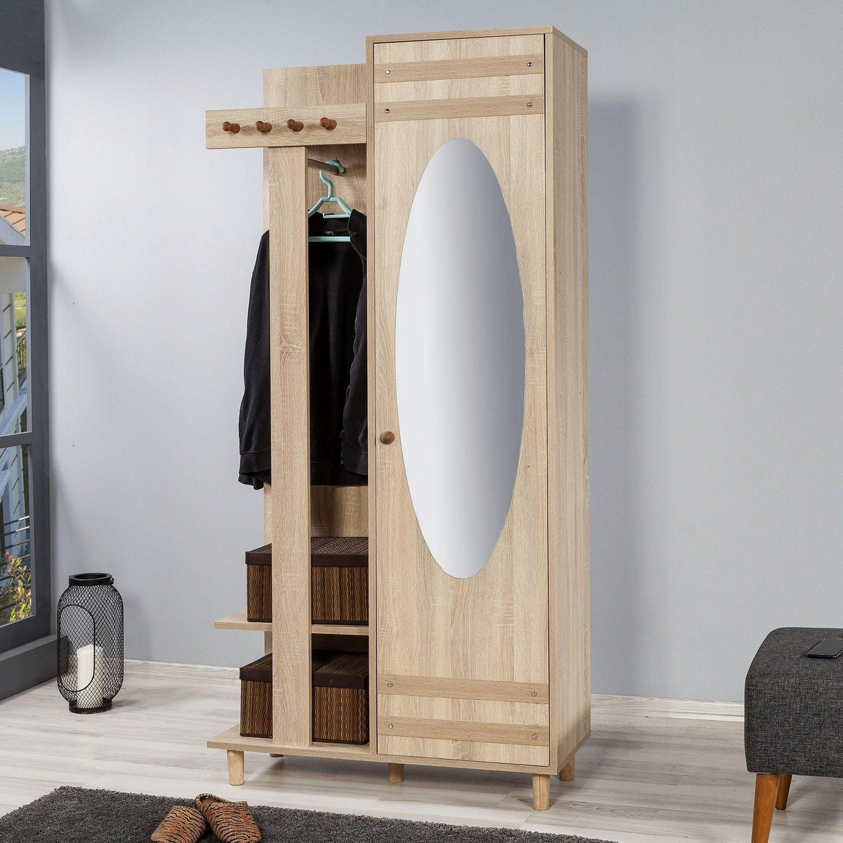 Cuier cu pantofar Garmanto 90 - 200 Hall Stand 1, Stejar Sonoma, 194x36x90 cm