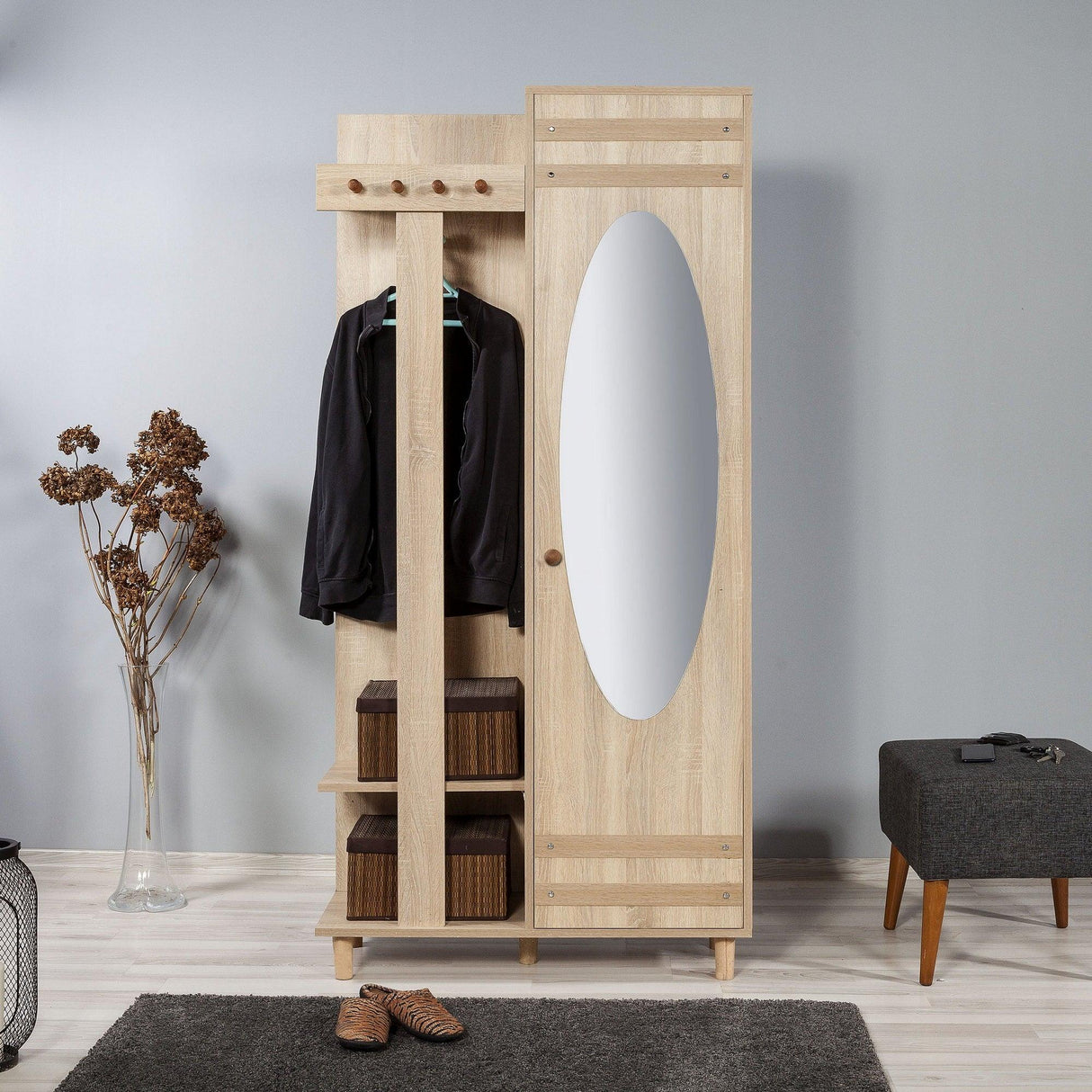 Cuier cu pantofar Garmanto 90 - 200 Hall Stand 1, Stejar Sonoma, 194x36x90 cm