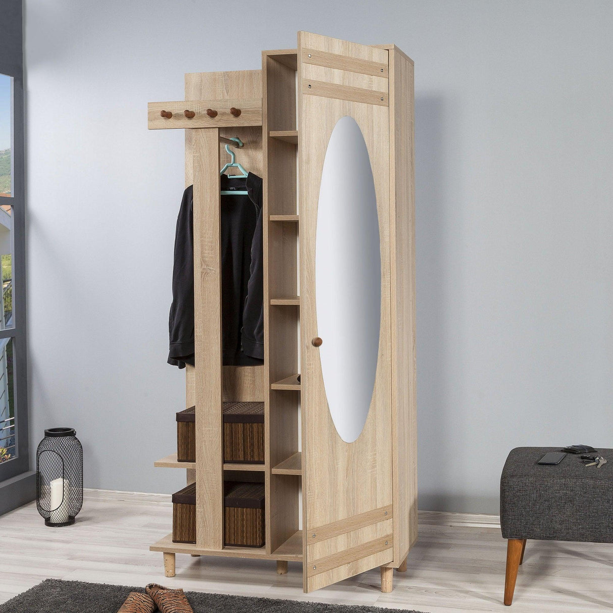 Cuier cu pantofar Garmanto 90 - 200 Hall Stand 1, Stejar Sonoma, 194x36x90 cm