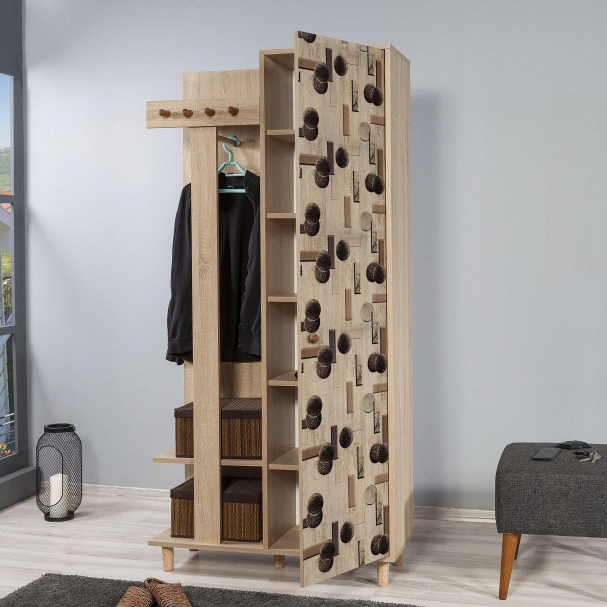 Cuier cu pantofar Garmanto 90 - 200 Hall Stand 5, Stejar Sonoma, 194x36x90 cm