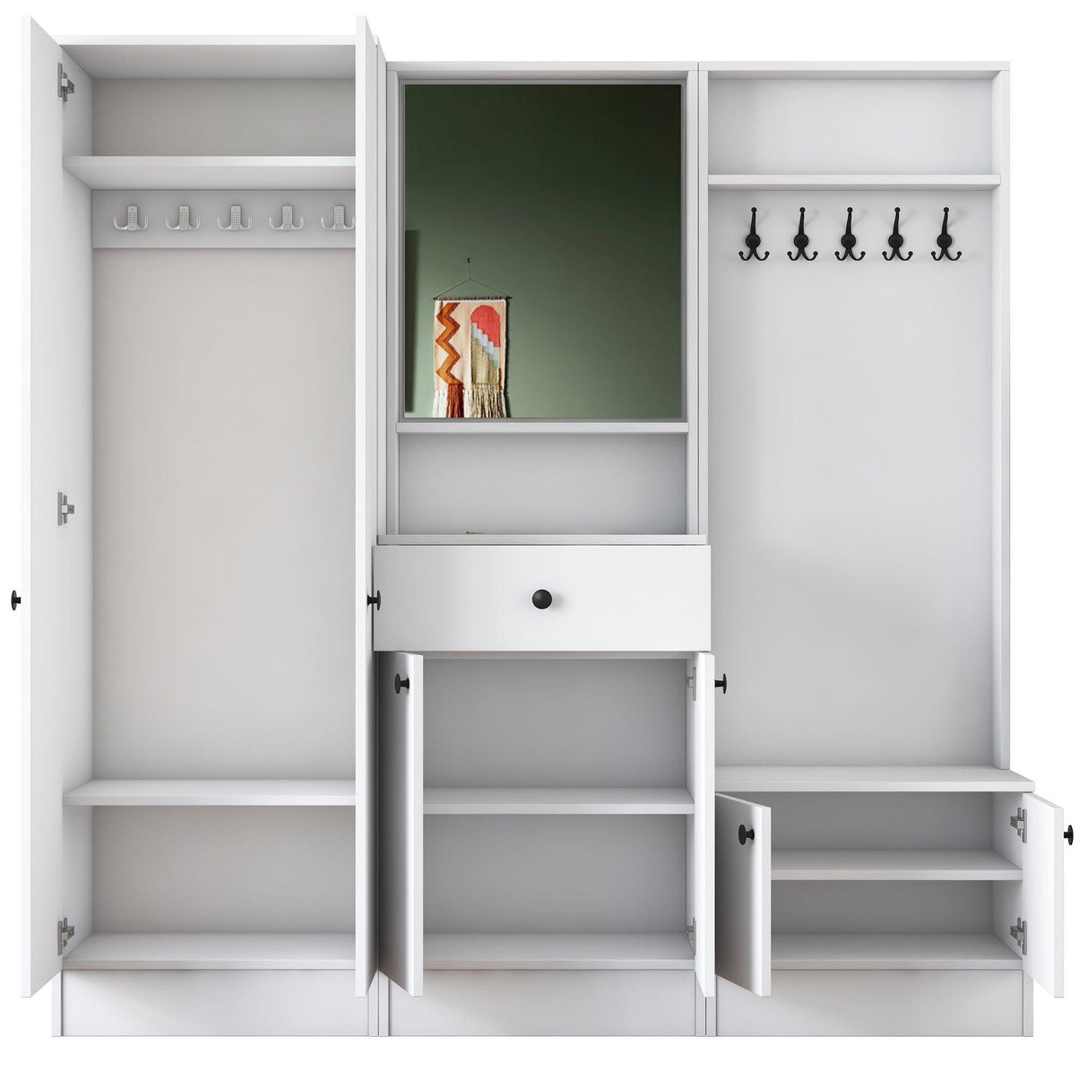 Cuier cu pantofar Hol Genus cu 6 usi si oglinda, Alb, 180 x 183 x 37 cm