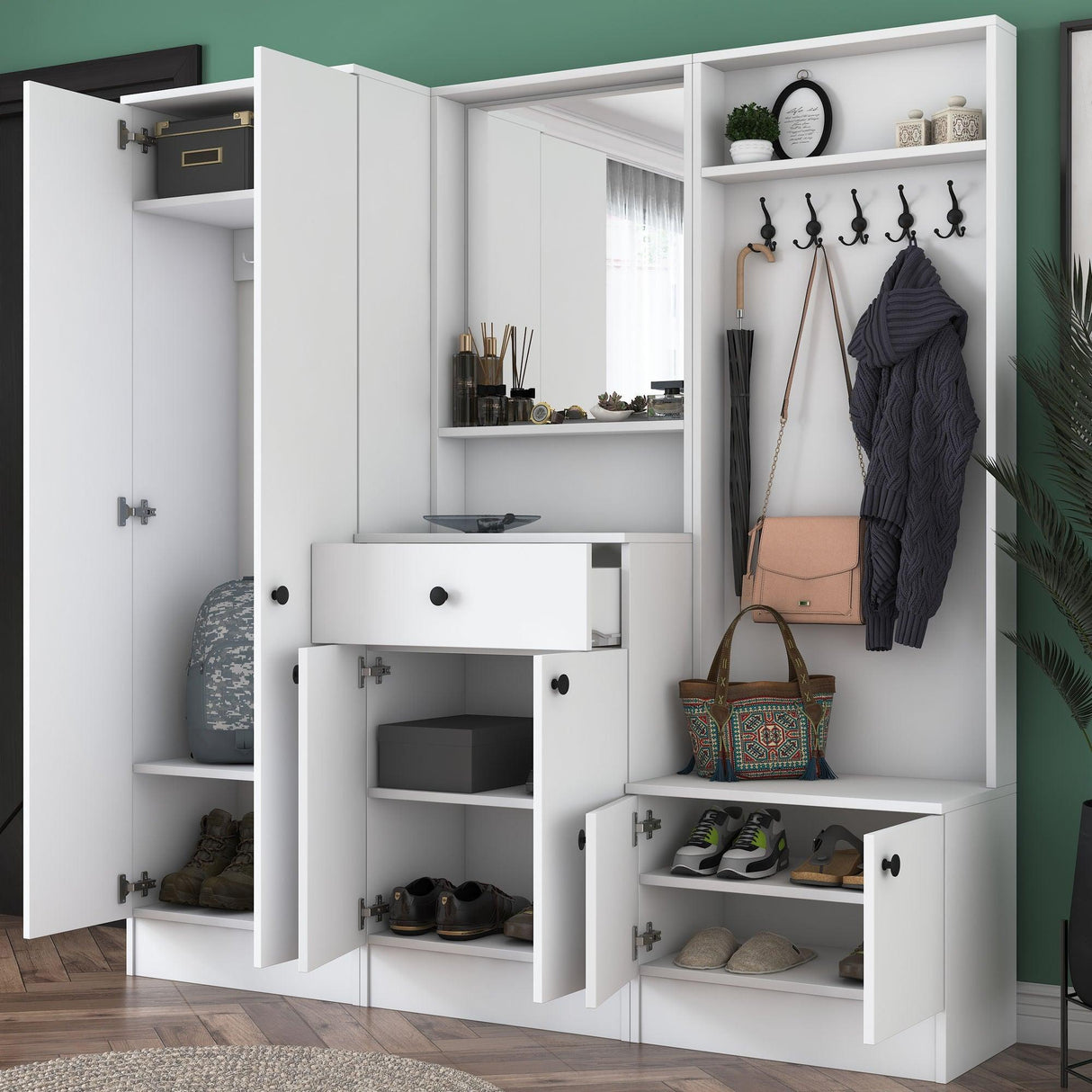 Cuier cu pantofar Hol Genus cu 6 usi si oglinda, Alb, 180 x 183 x 37 cm