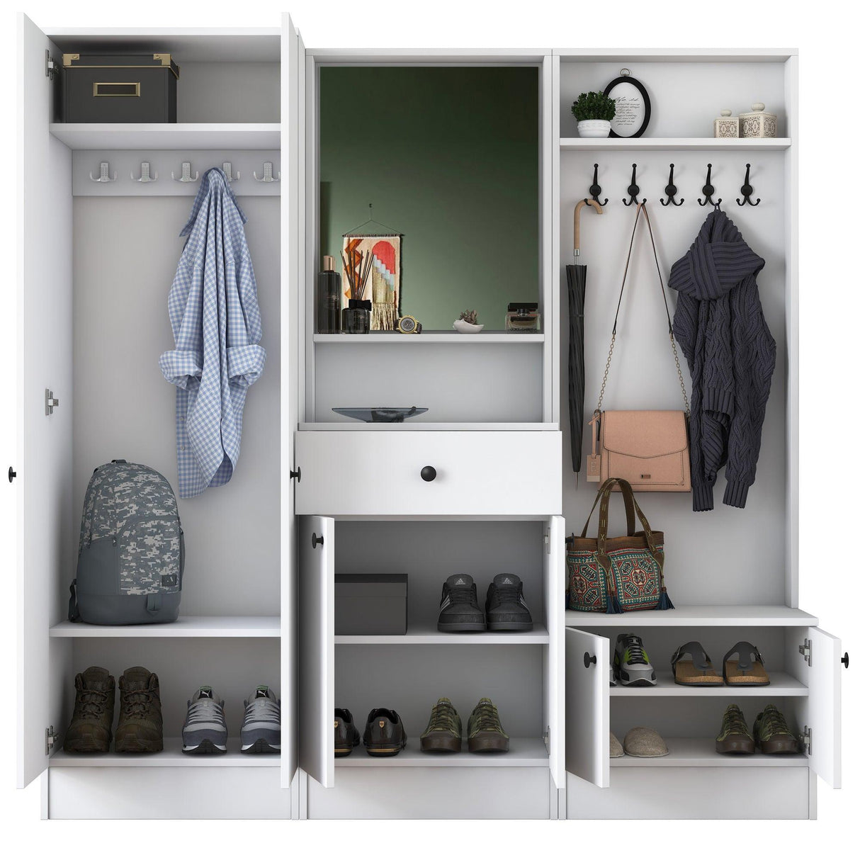 Cuier cu pantofar Hol Genus cu 6 usi si oglinda, Alb, 180 x 183 x 37 cm