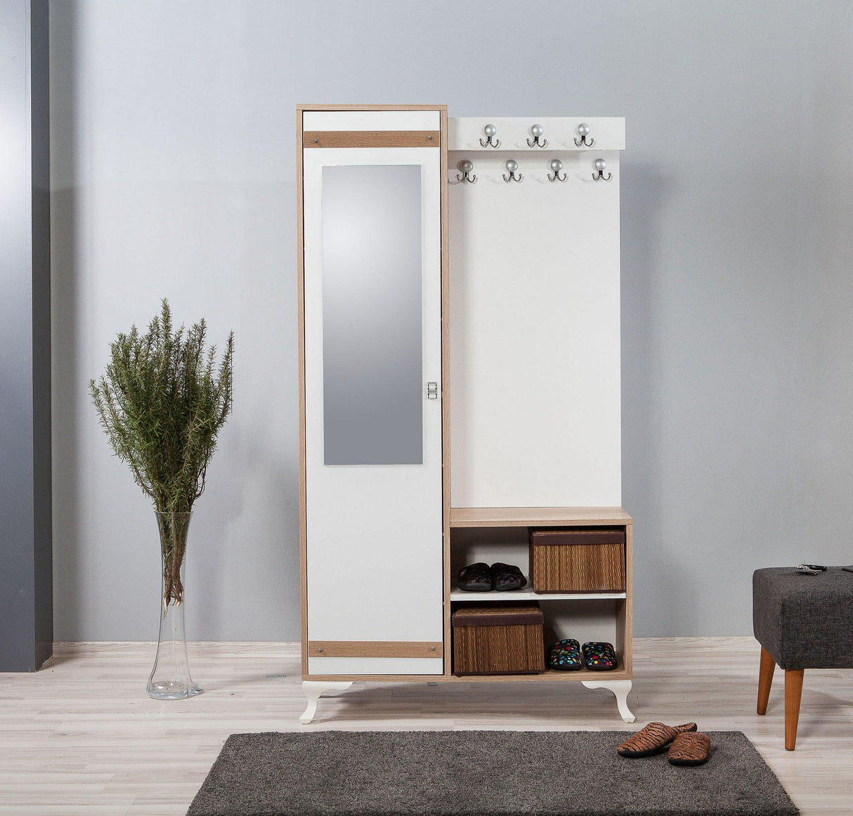 Cuier cu pantofar İNCİ-200 Hall Stand, Stejar Sonoma, 190x36x100 cm