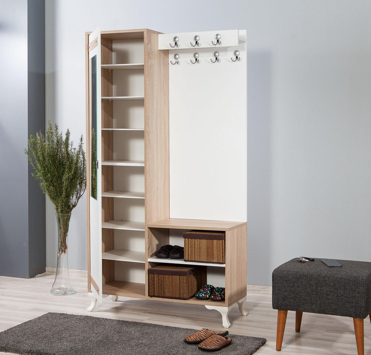 Cuier cu pantofar İNCİ-200 Hall Stand, Stejar Sonoma, 190x36x100 cm