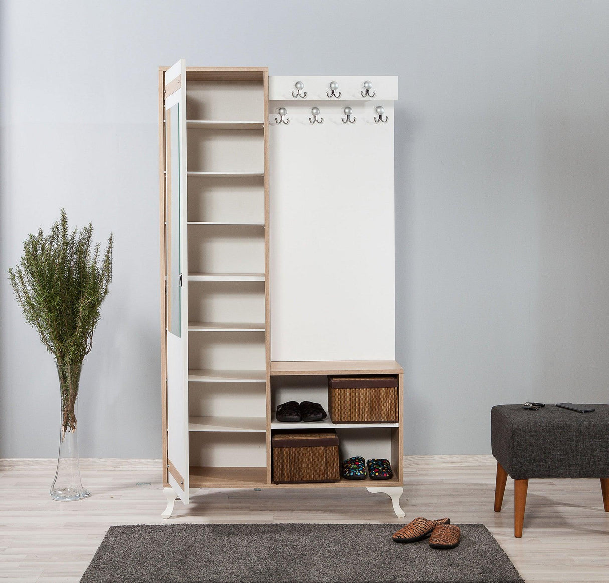 Cuier cu pantofar İNCİ-200 Hall Stand, Stejar Sonoma, 190x36x100 cm