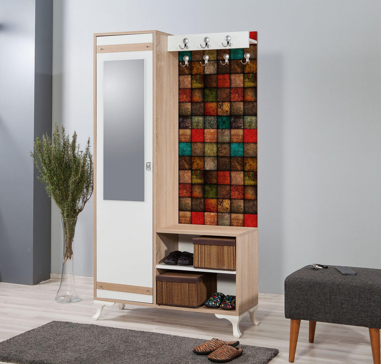 Cuier cu pantofar İNCİ-723 Hall Stand 1, Stejar Sonoma, 190x36x100 cm