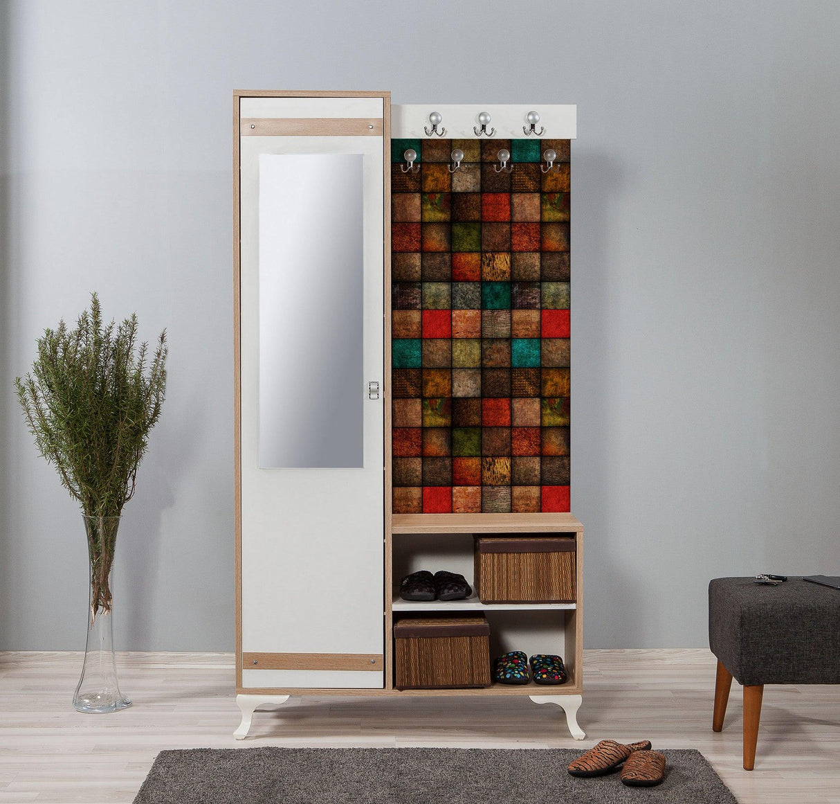 Cuier cu pantofar İNCİ-723 Hall Stand 1, Stejar Sonoma, 190x36x100 cm