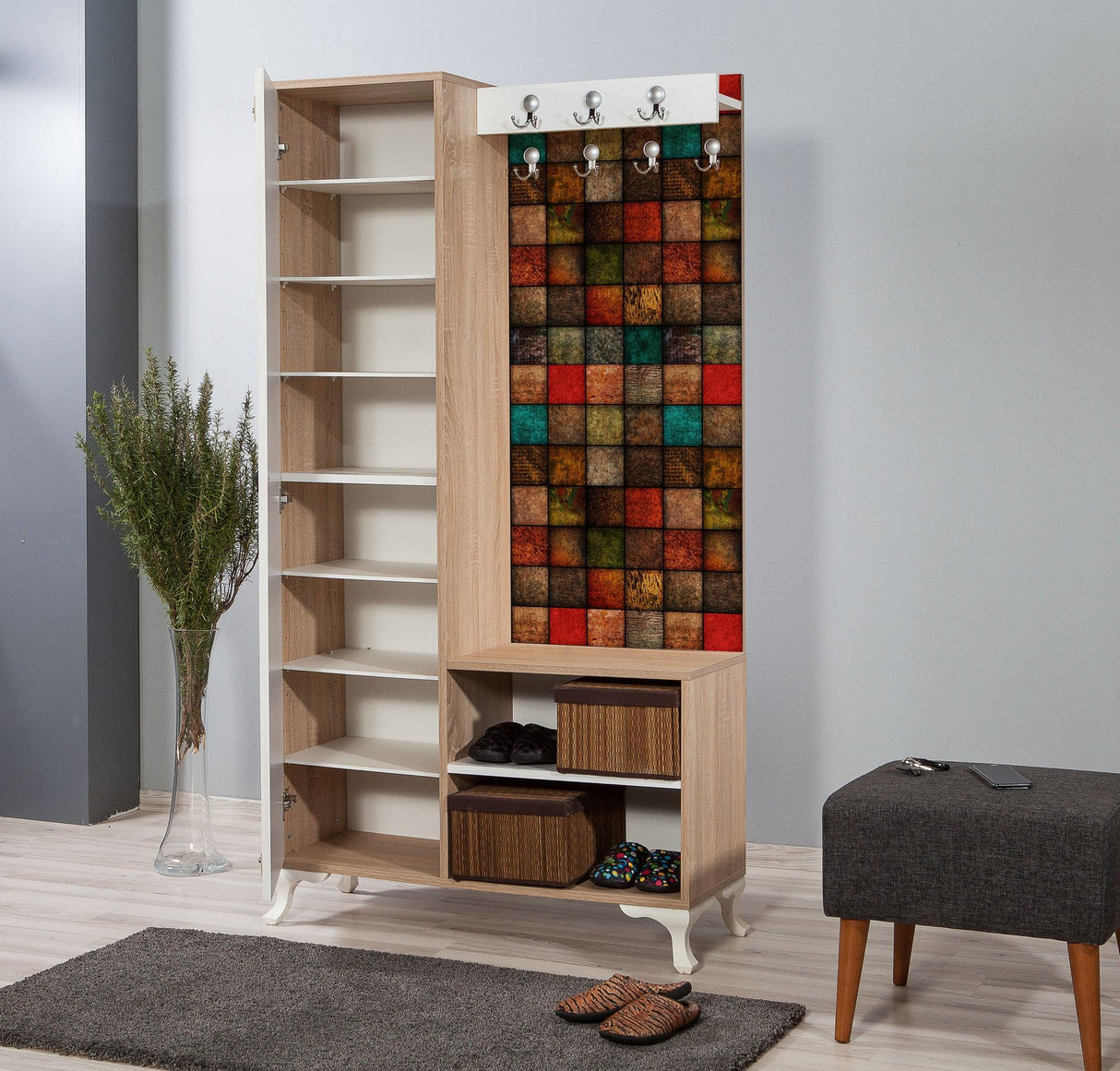 Cuier cu pantofar İNCİ-723 Hall Stand 1, Stejar Sonoma, 190x36x100 cm