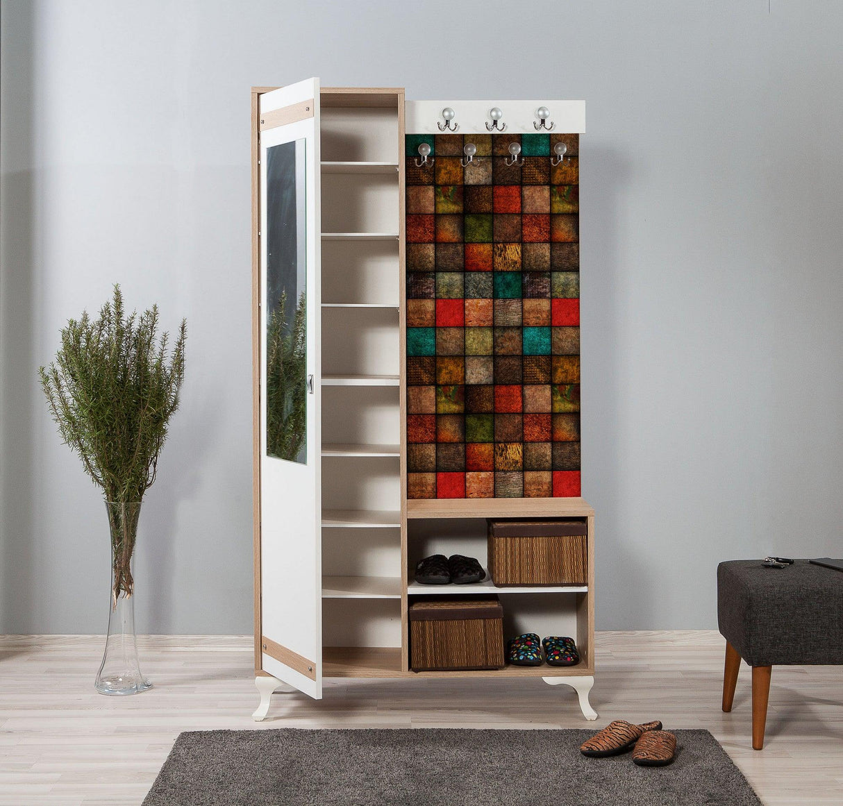 Cuier cu pantofar İNCİ-723 Hall Stand 1, Stejar Sonoma, 190x36x100 cm