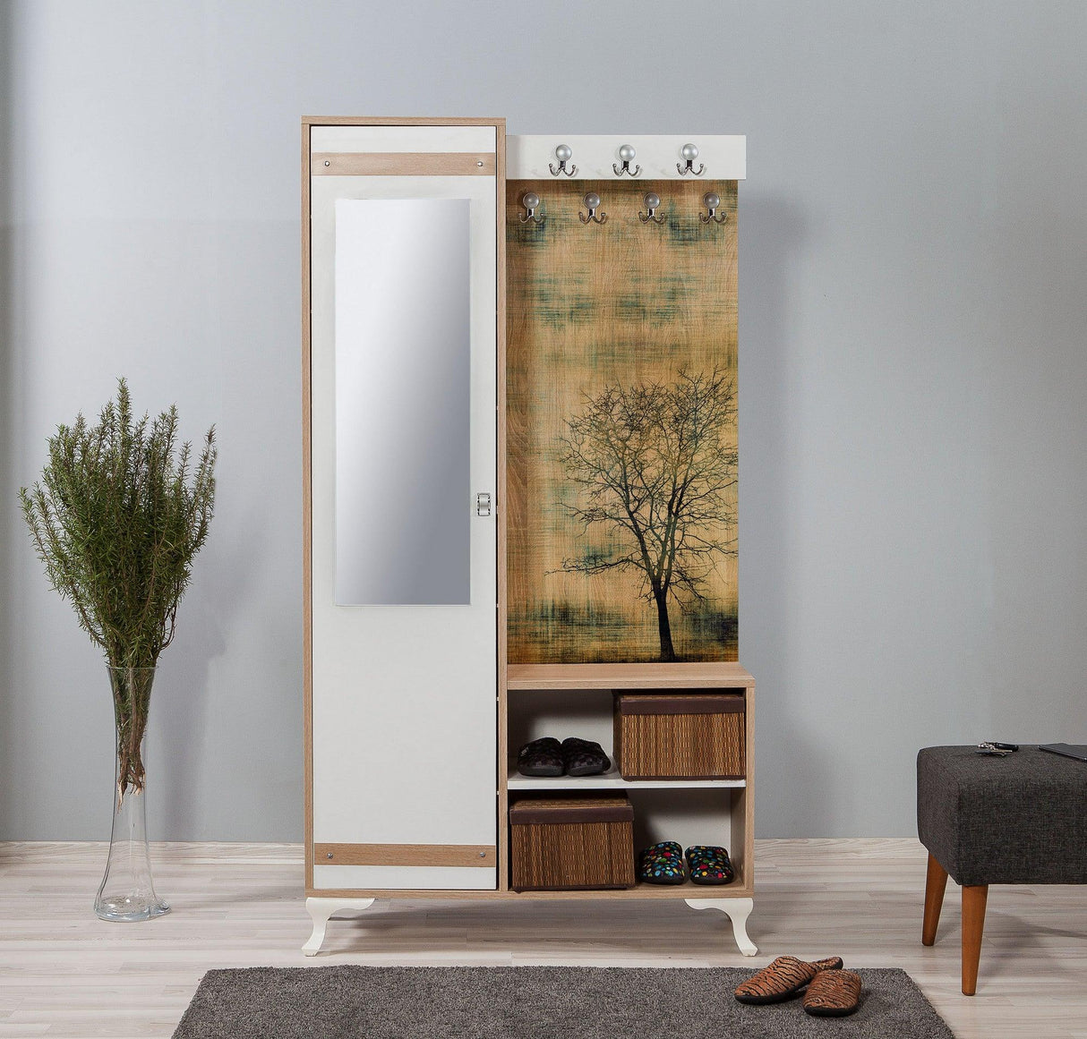 Cuier cu pantofar İNCİ-723 Hall Stand 2, Stejar Sonoma, 190x36x100 cm