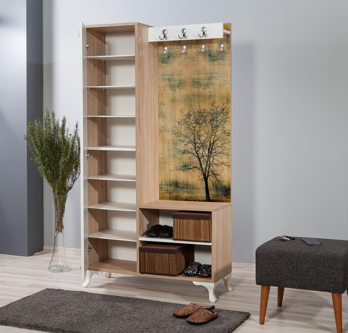 Cuier cu pantofar İNCİ-723 Hall Stand 2, Stejar Sonoma, 190x36x100 cm