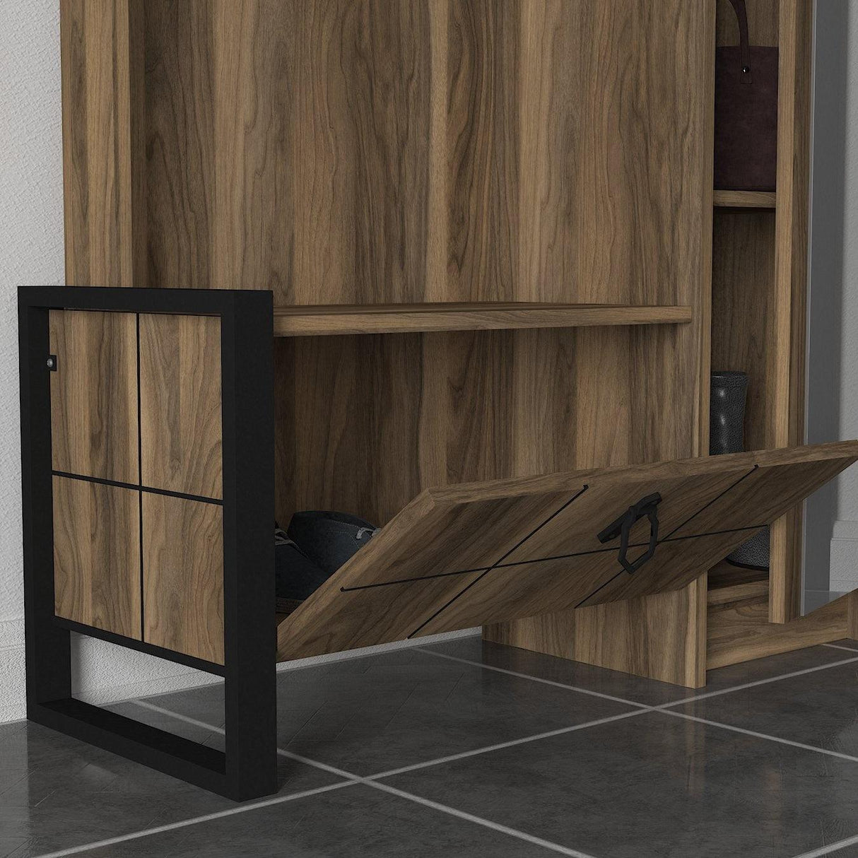 Cuier cu pantofar Lost - Walnut, Nuc, 90x180x35 cm