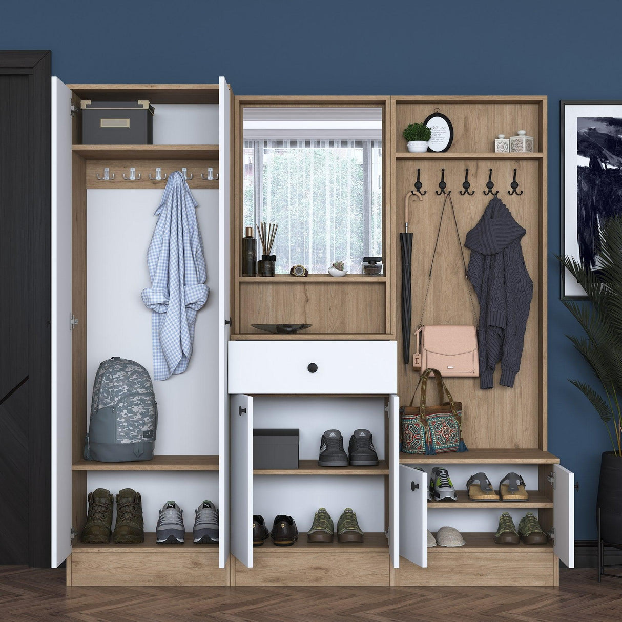 Cuier cu pantofar Muller cu oglinda si 6 usi si sertar, Alb, 180 x 183 x 38 cm