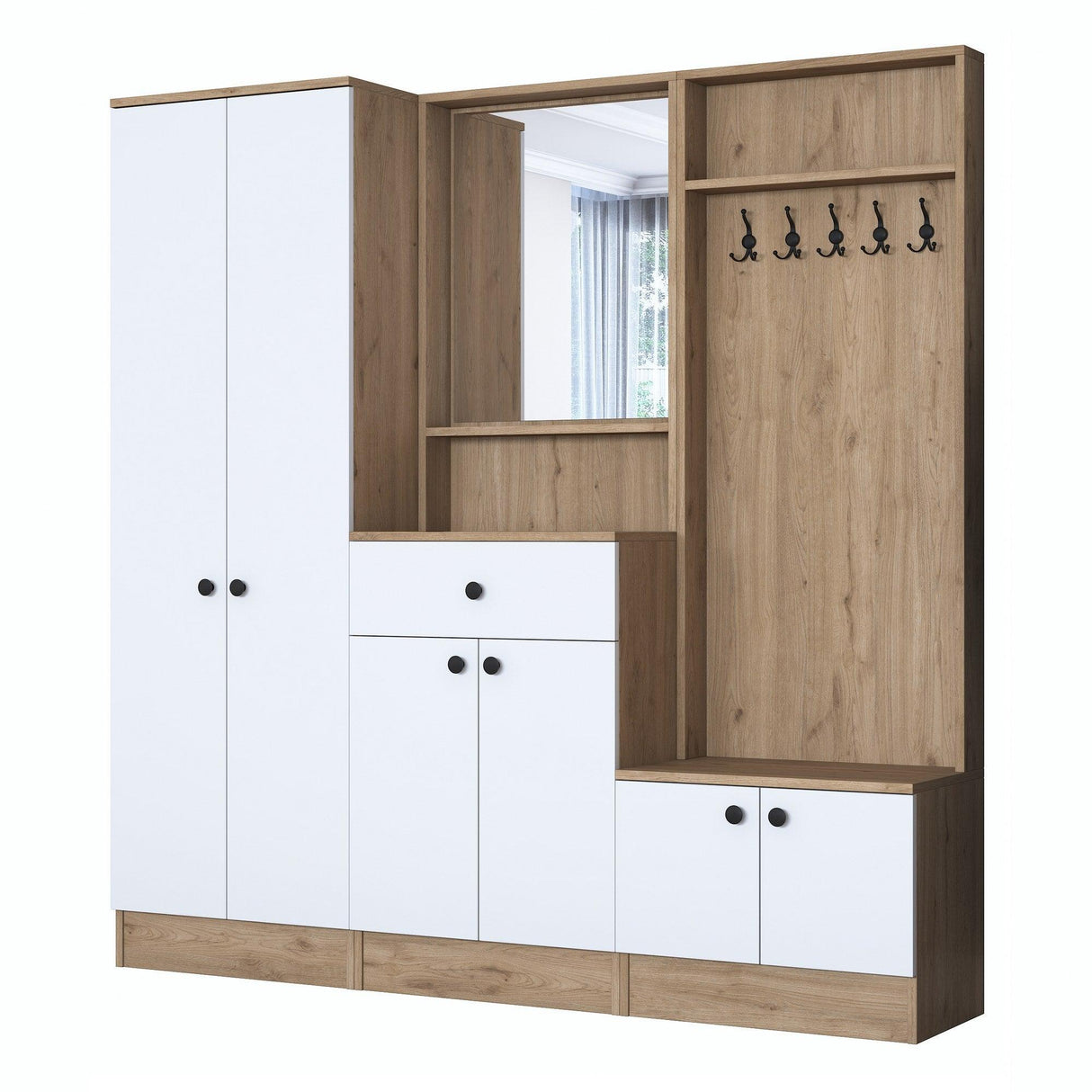 Cuier cu pantofar Muller cu oglinda si 6 usi si sertar, Alb, 180 x 183 x 38 cm