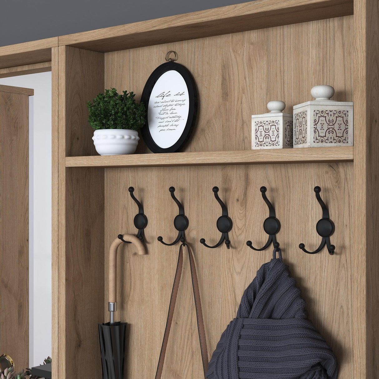 Cuier cu pantofar Mykonos, Alb - Nuc, 179 x 183 x 36 cm