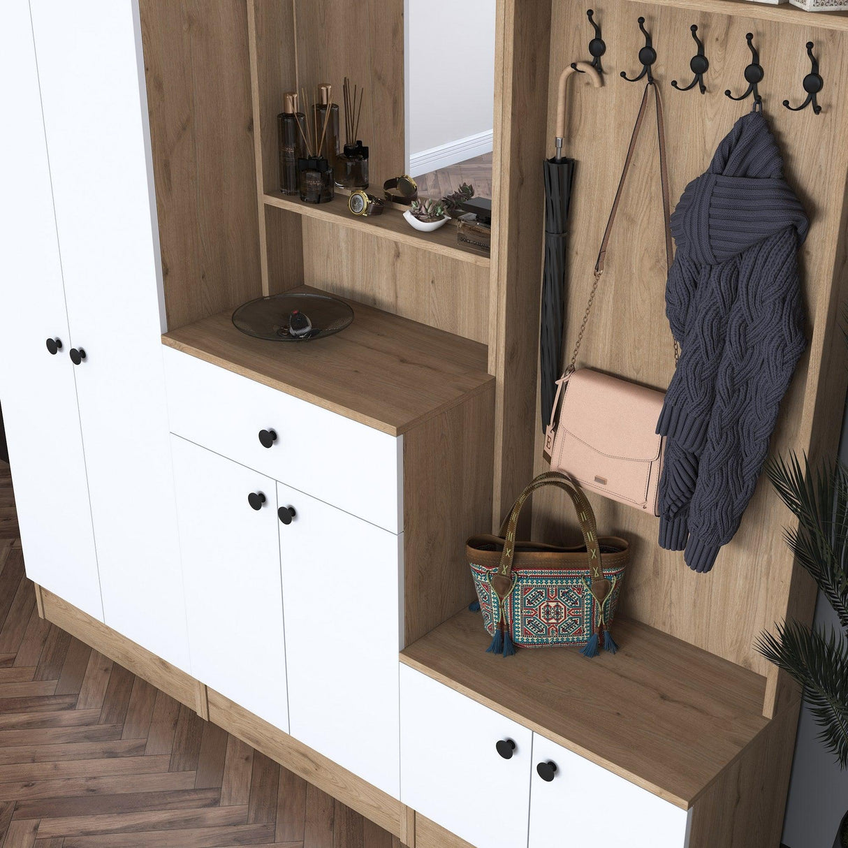 Cuier cu pantofar Mykonos, Alb - Nuc, 179 x 183 x 36 cm