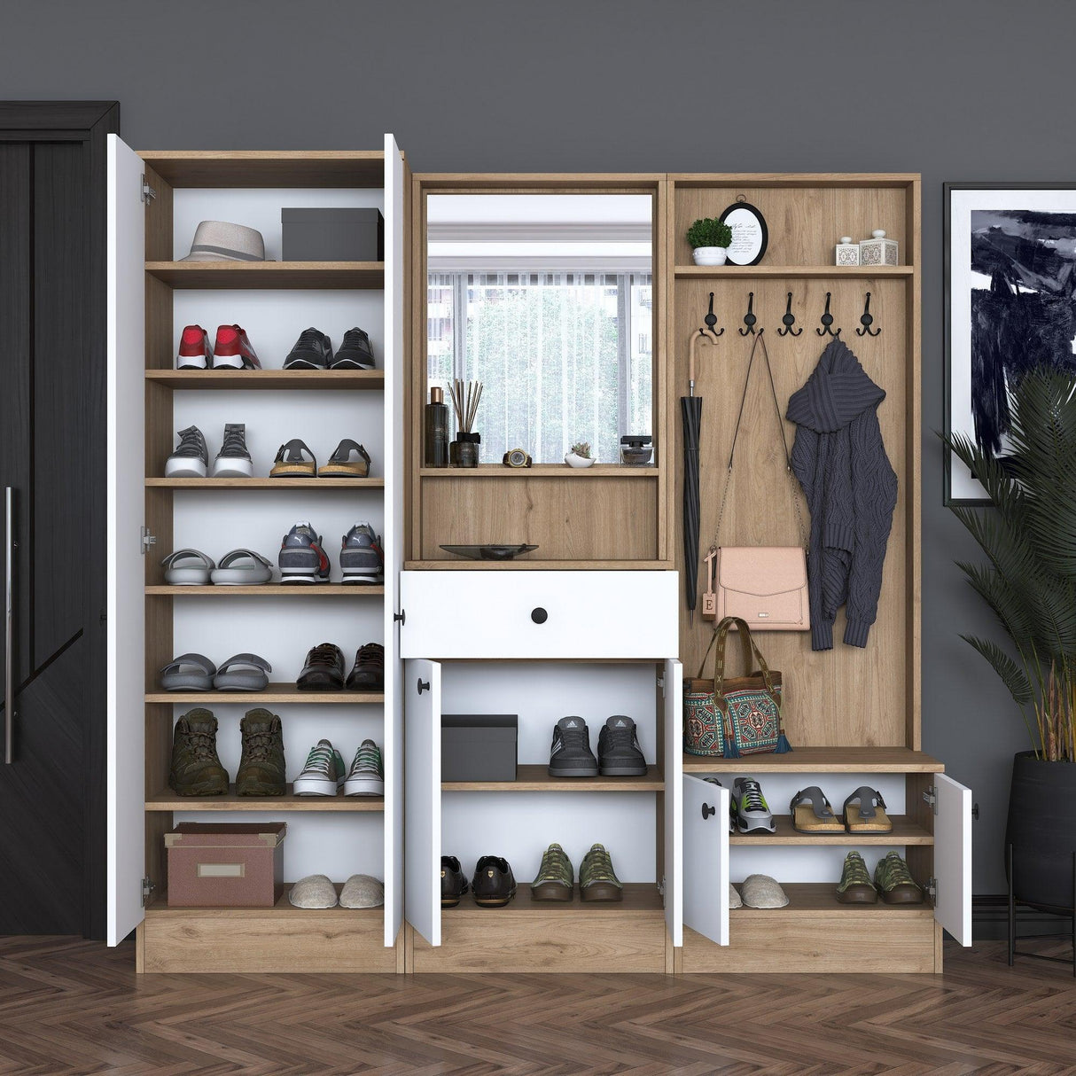 Cuier cu pantofar Mykonos, Alb - Nuc, 179 x 183 x 36 cm