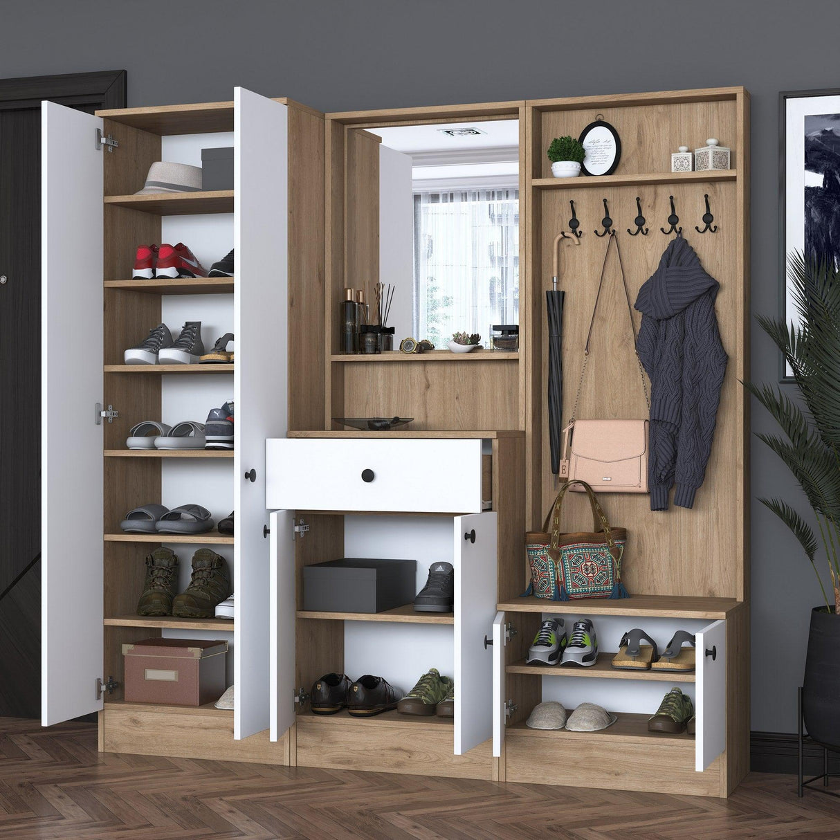 Cuier cu pantofar Mykonos, Alb - Nuc, 179 x 183 x 36 cm