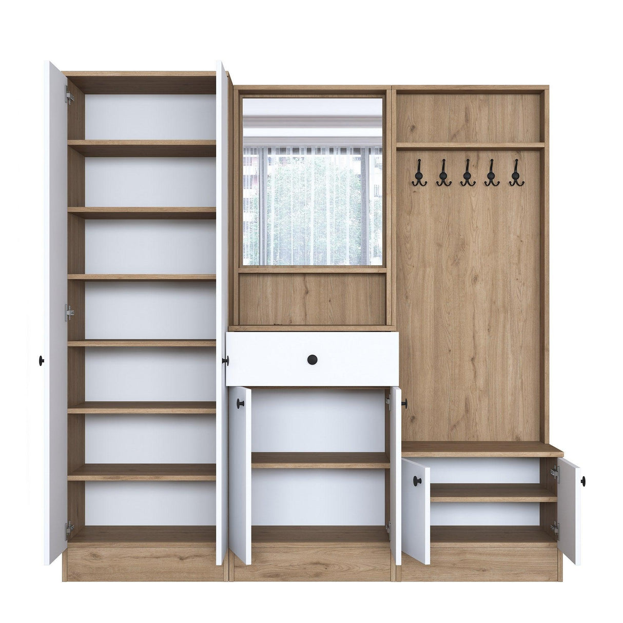 Cuier cu pantofar Mykonos, Alb - Nuc, 179 x 183 x 36 cm