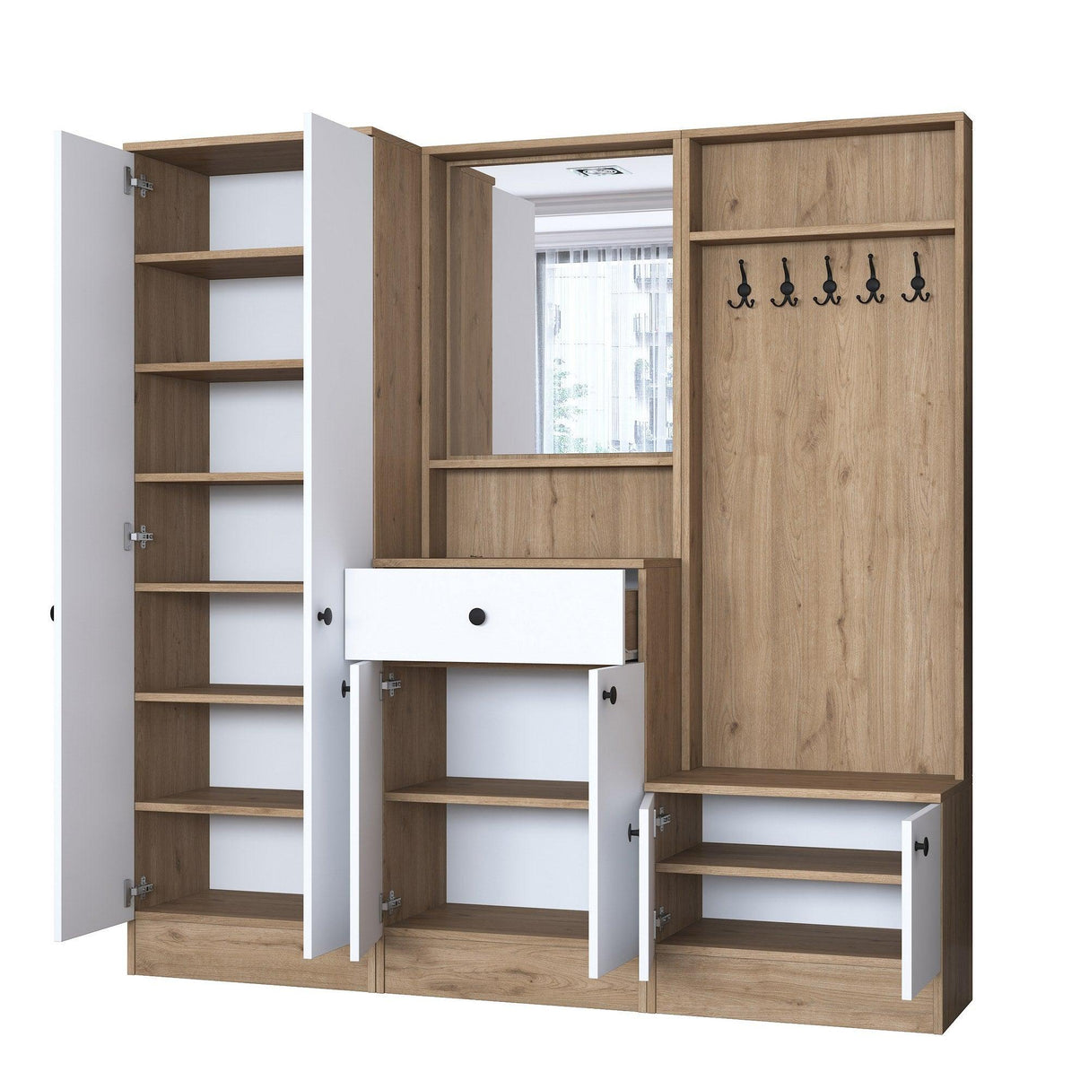 Cuier cu pantofar Mykonos, Alb - Nuc, 179 x 183 x 36 cm