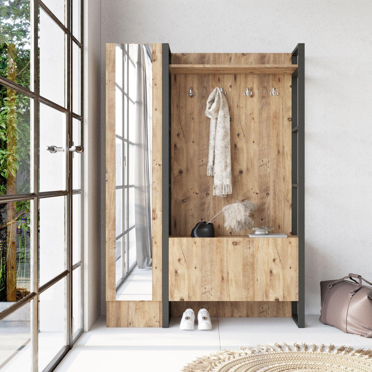 Cuier cu pantofar Ortak cu oglinda, Stejar, 126 x 180 x 36 cm