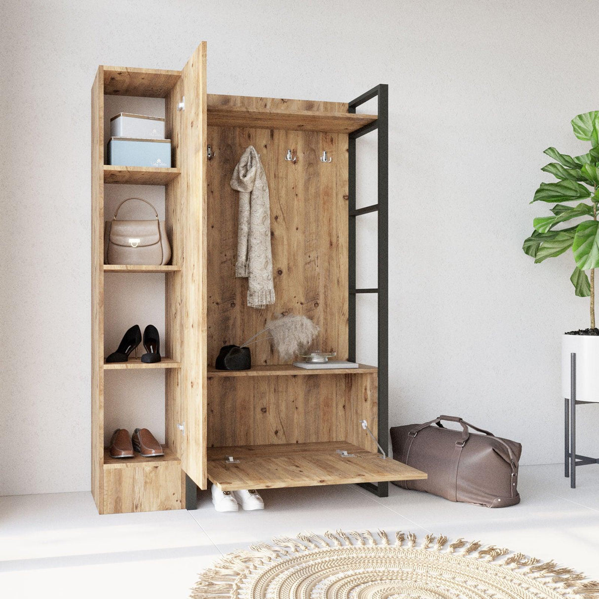 Cuier cu pantofar Ortak cu oglinda, Stejar, 126 x 180 x 36 cm