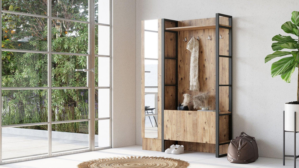 Cuier cu pantofar Ortak cu oglinda, Stejar, 126 x 180 x 36 cm