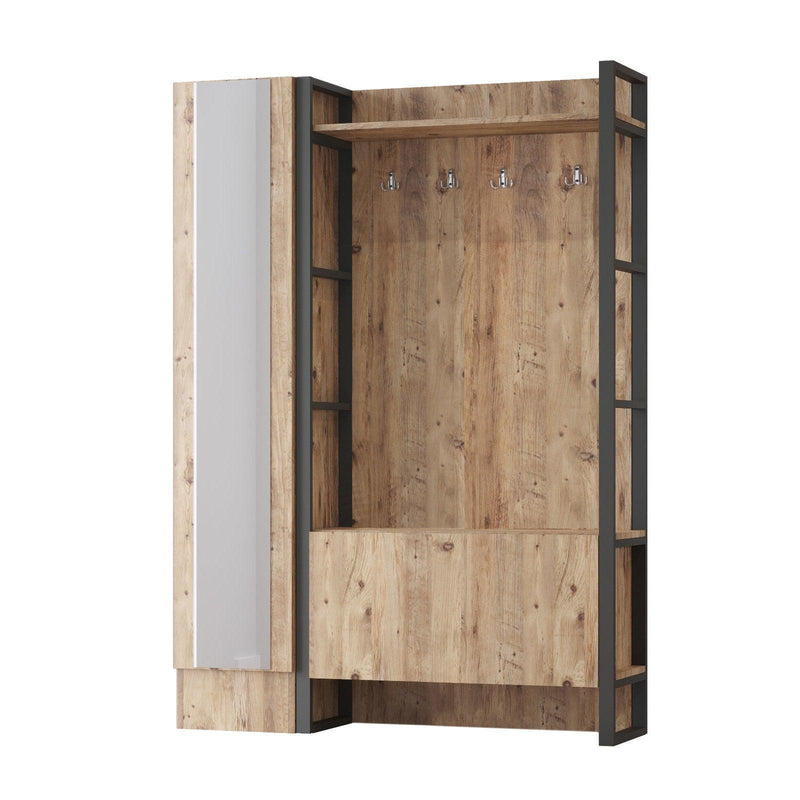 Cuier cu pantofar Ortak cu oglinda, Stejar, 126 x 180 x 36 cm