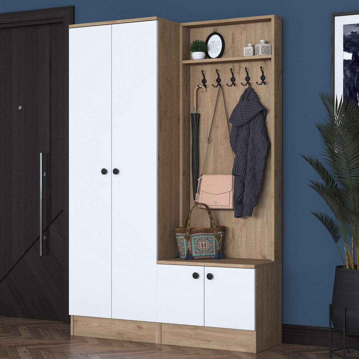 Cuier cu pantofar Ramiz cu usi , Alb, 120 x 183 x 36 cm