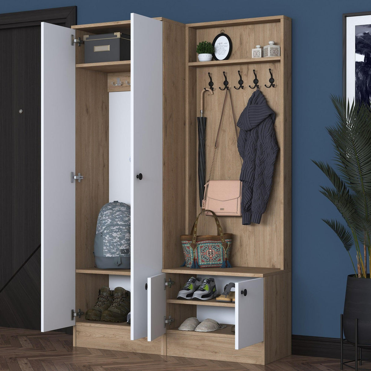 Cuier cu pantofar Ramiz cu usi , Alb, 120 x 183 x 36 cm