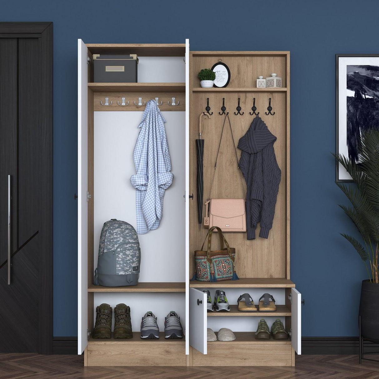 Cuier cu pantofar Ramiz cu usi , Alb, 120 x 183 x 36 cm