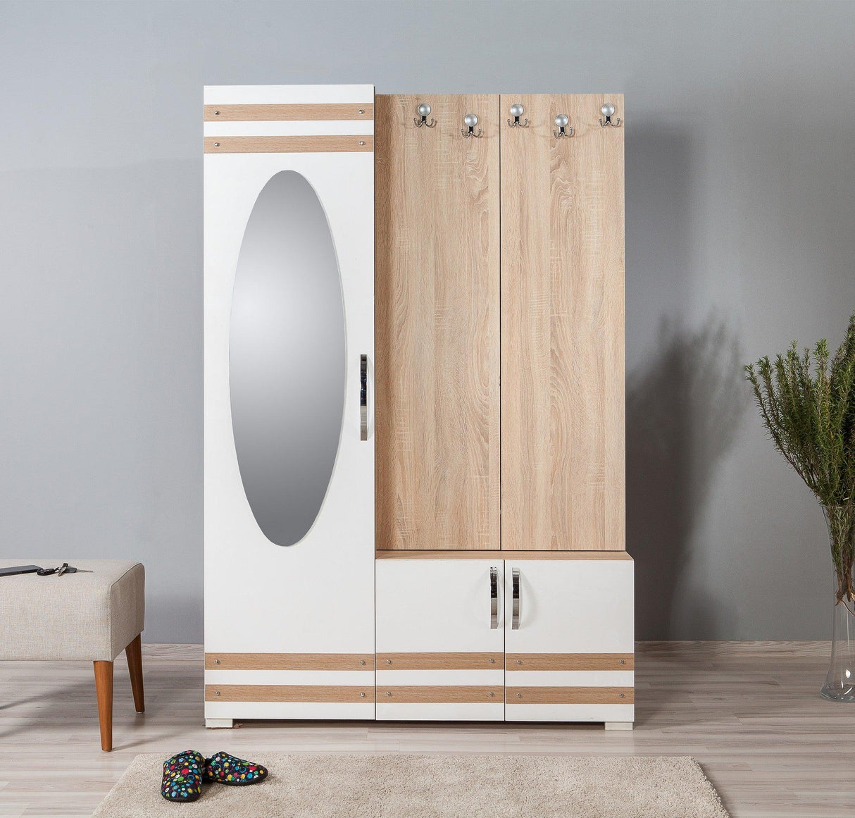 Cuier cu pantofar SİHİRLİ-200 Hall Stand, Stejar Sonoma, 195x36x125 cm