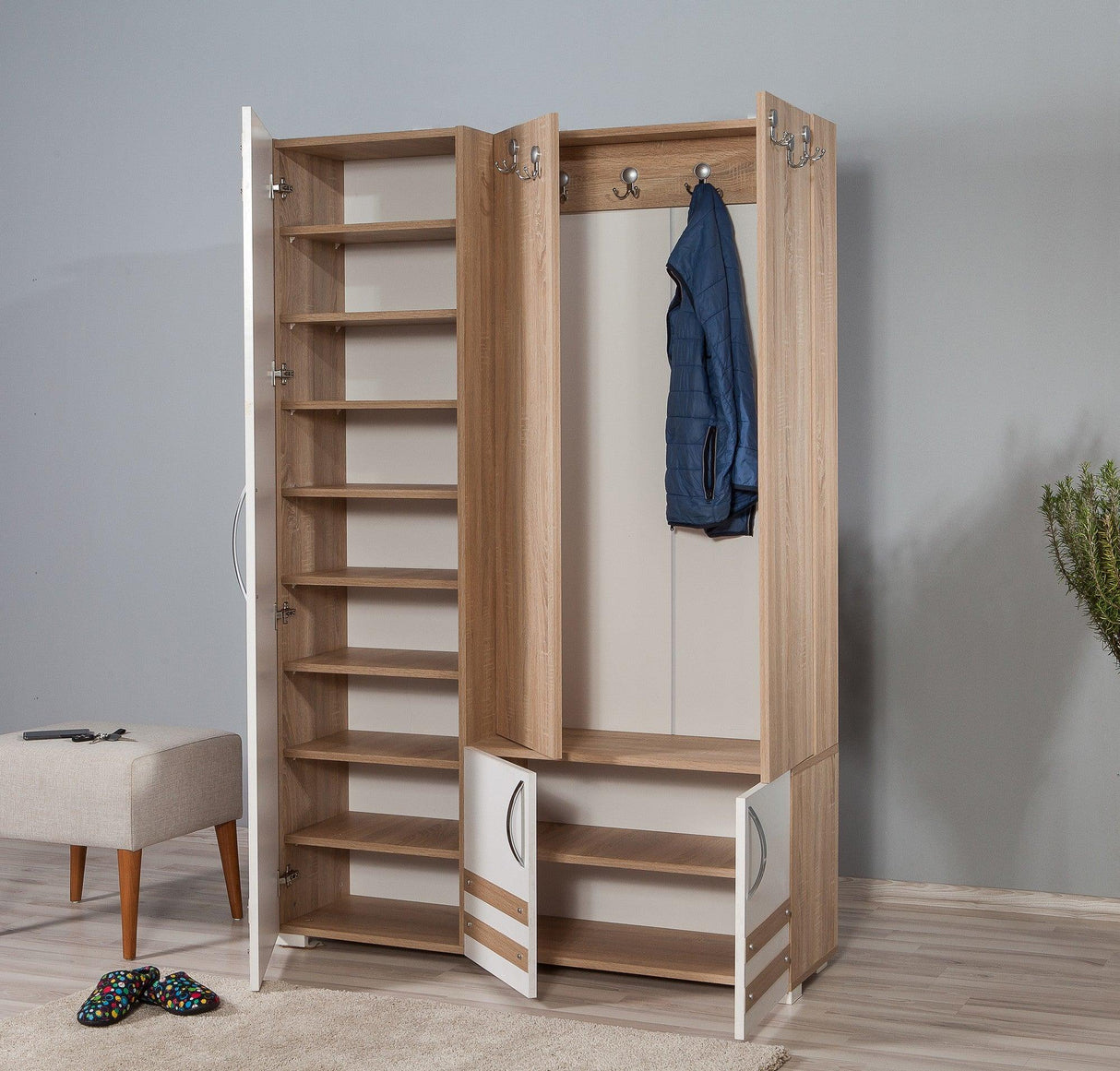 Cuier cu pantofar SİHİRLİ-200 Hall Stand, Stejar Sonoma, 195x36x125 cm