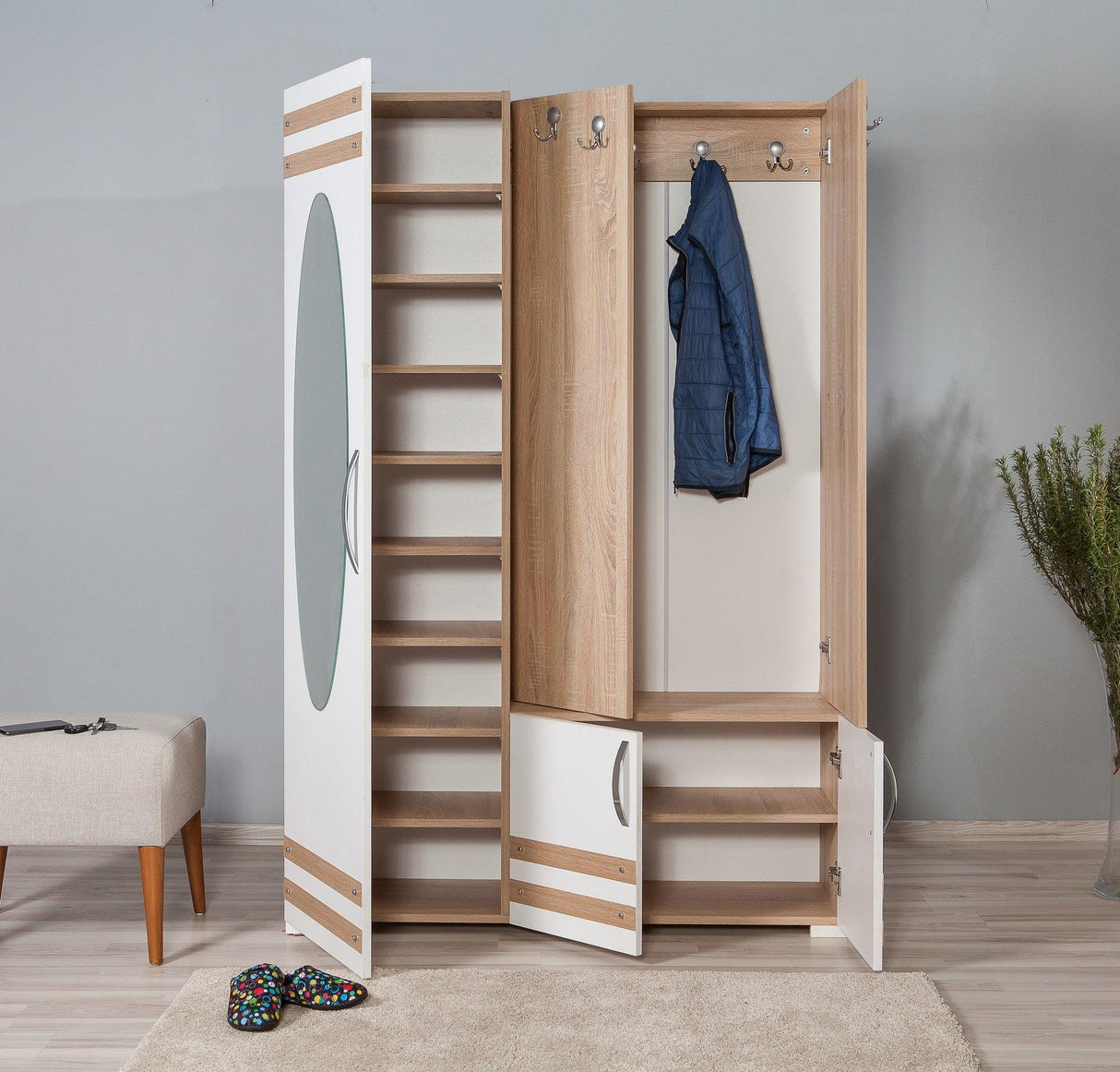 Cuier cu pantofar SİHİRLİ-200 Hall Stand, Stejar Sonoma, 195x36x125 cm