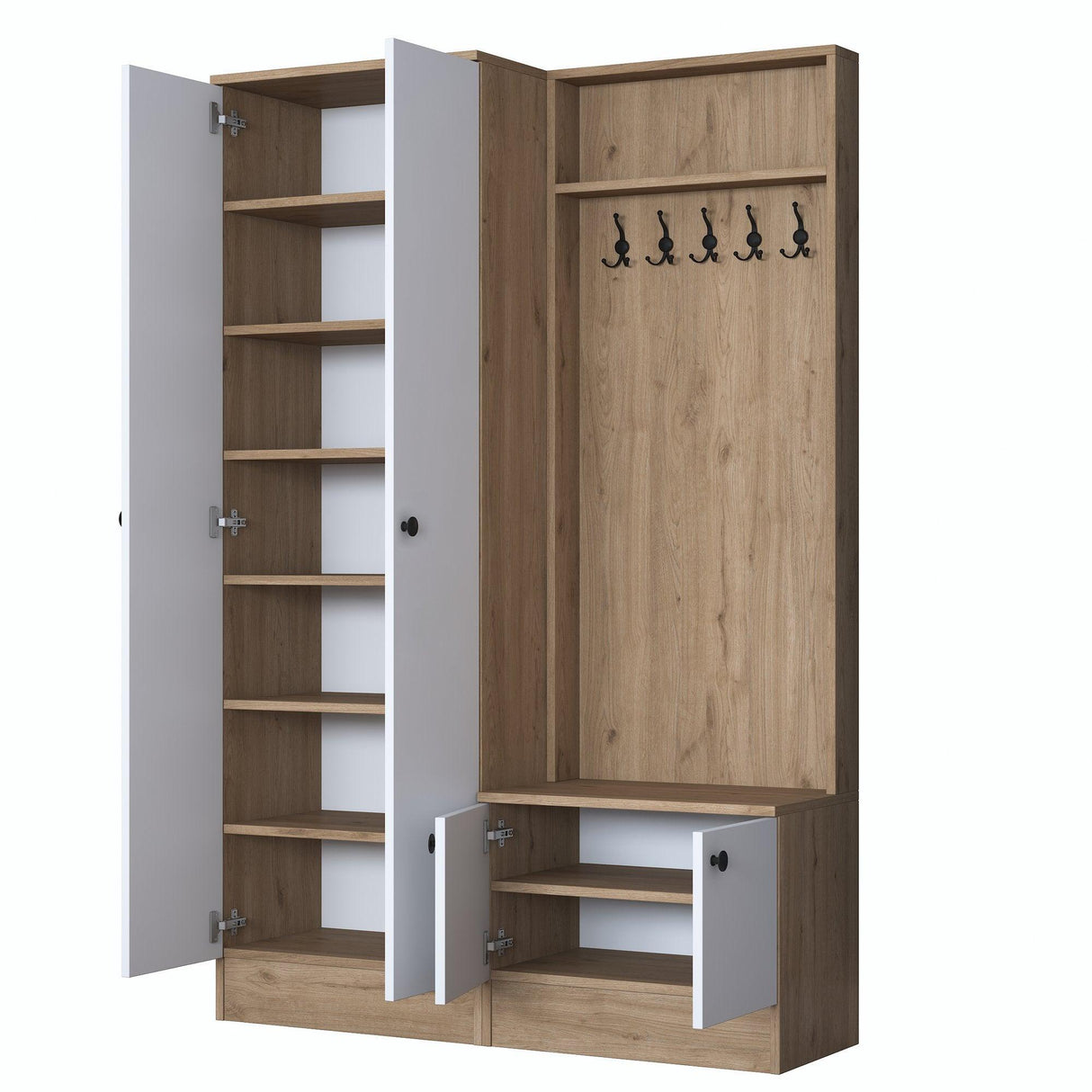 Cuier cu pantofar Zizou cu 4 usi, Alb - Nuc, 120 x 183 x 38 cm