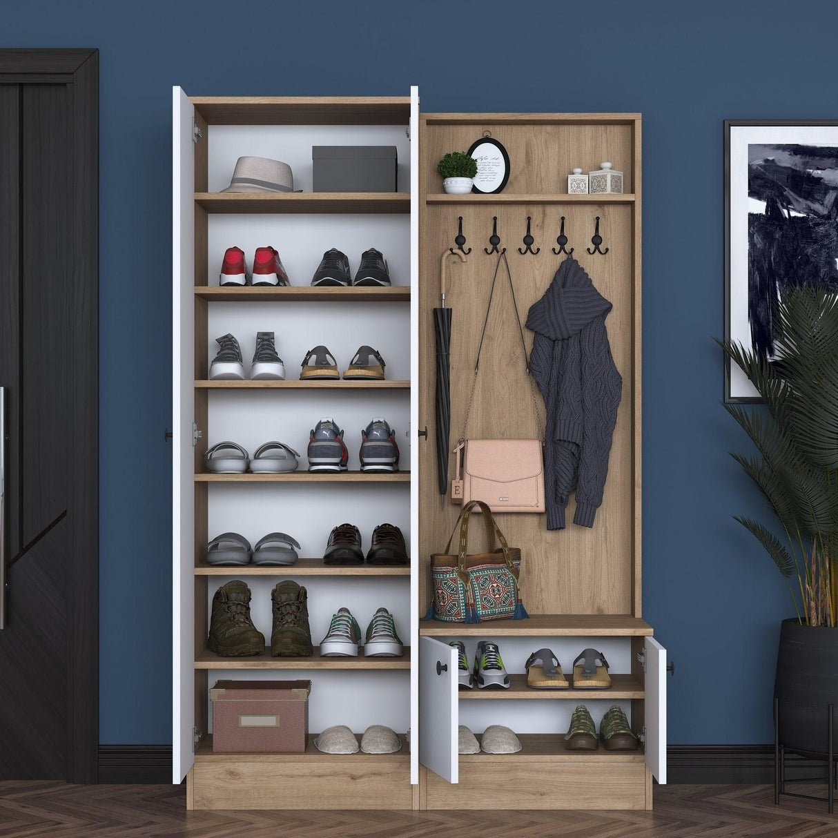 Cuier cu pantofar Zizou cu 4 usi, Alb - Nuc, 120 x 183 x 38 cm