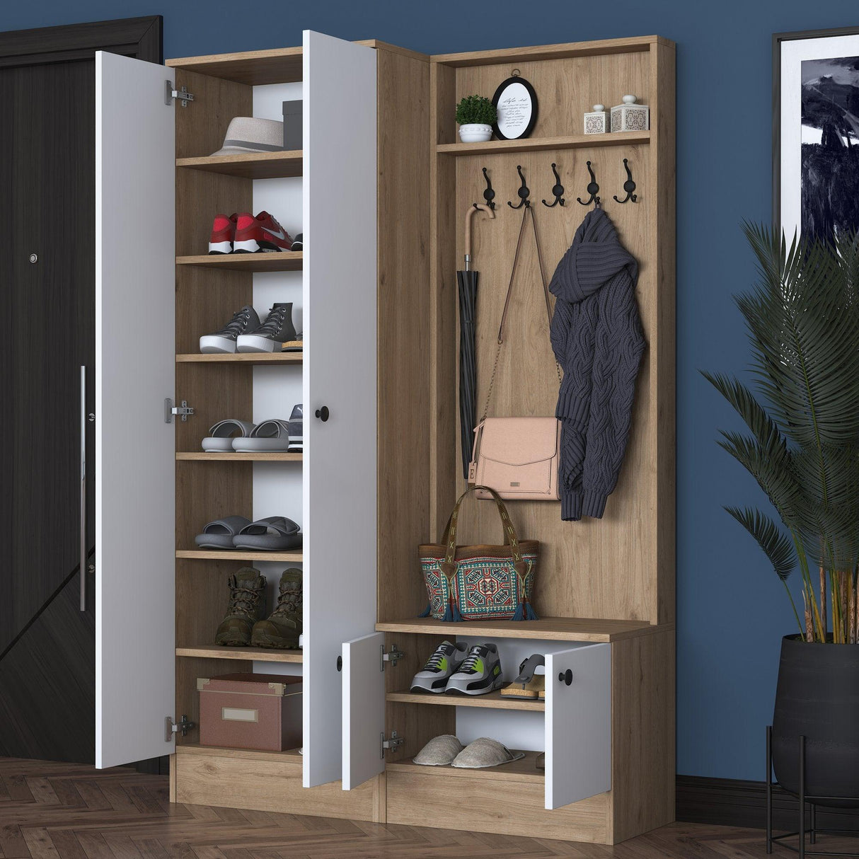 Cuier cu pantofar Zizou cu 4 usi, Alb - Nuc, 120 x 183 x 38 cm