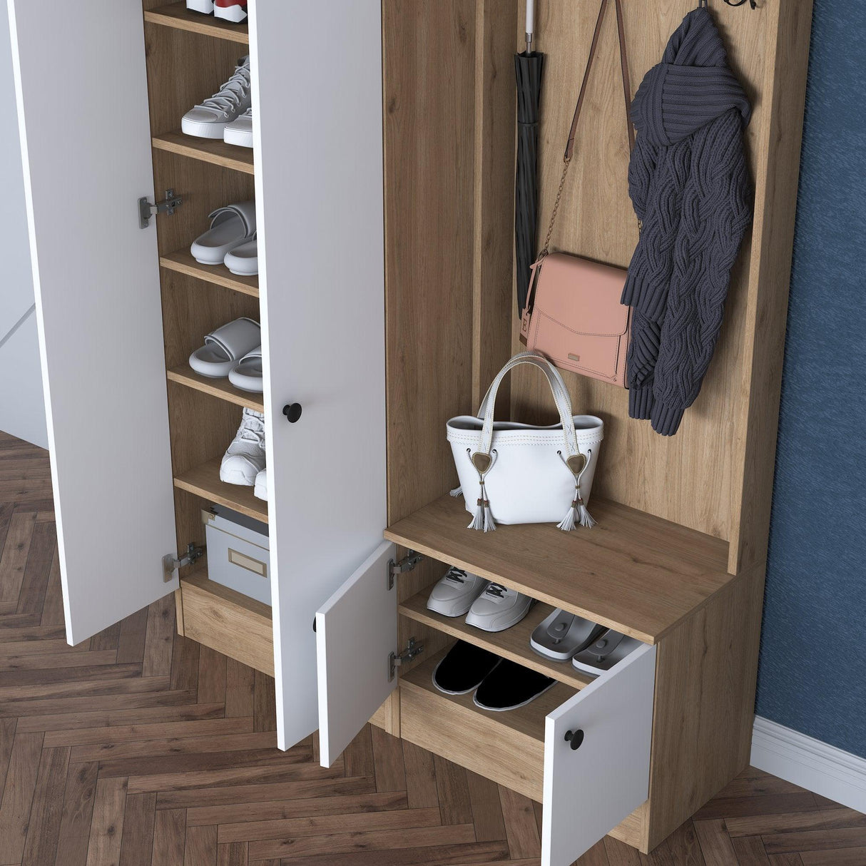 Cuier cu pantofar Zizou cu 4 usi, Alb - Nuc, 120 x 183 x 38 cm