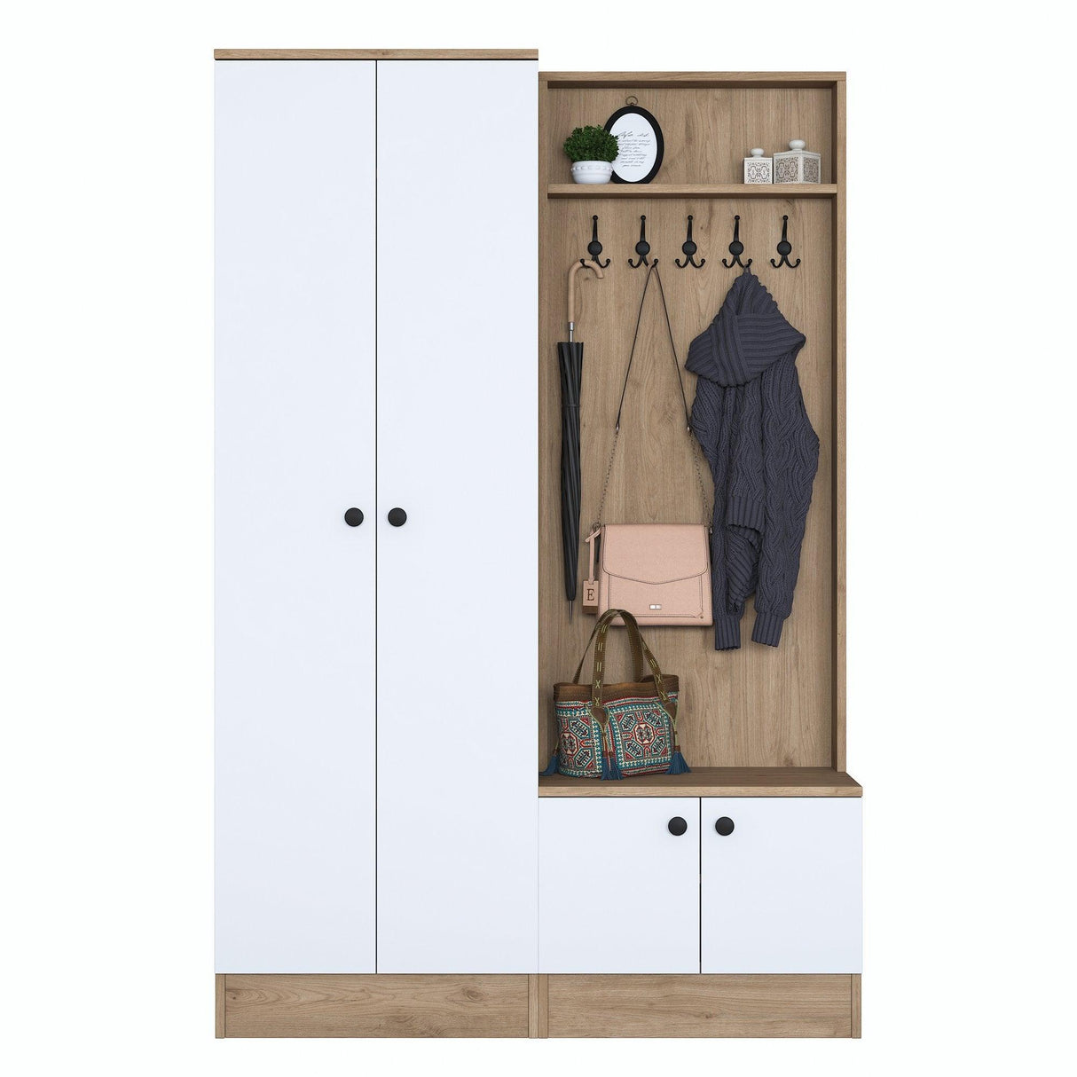 Cuier cu pantofar Zizou cu 4 usi, Alb - Nuc, 120 x 183 x 38 cm