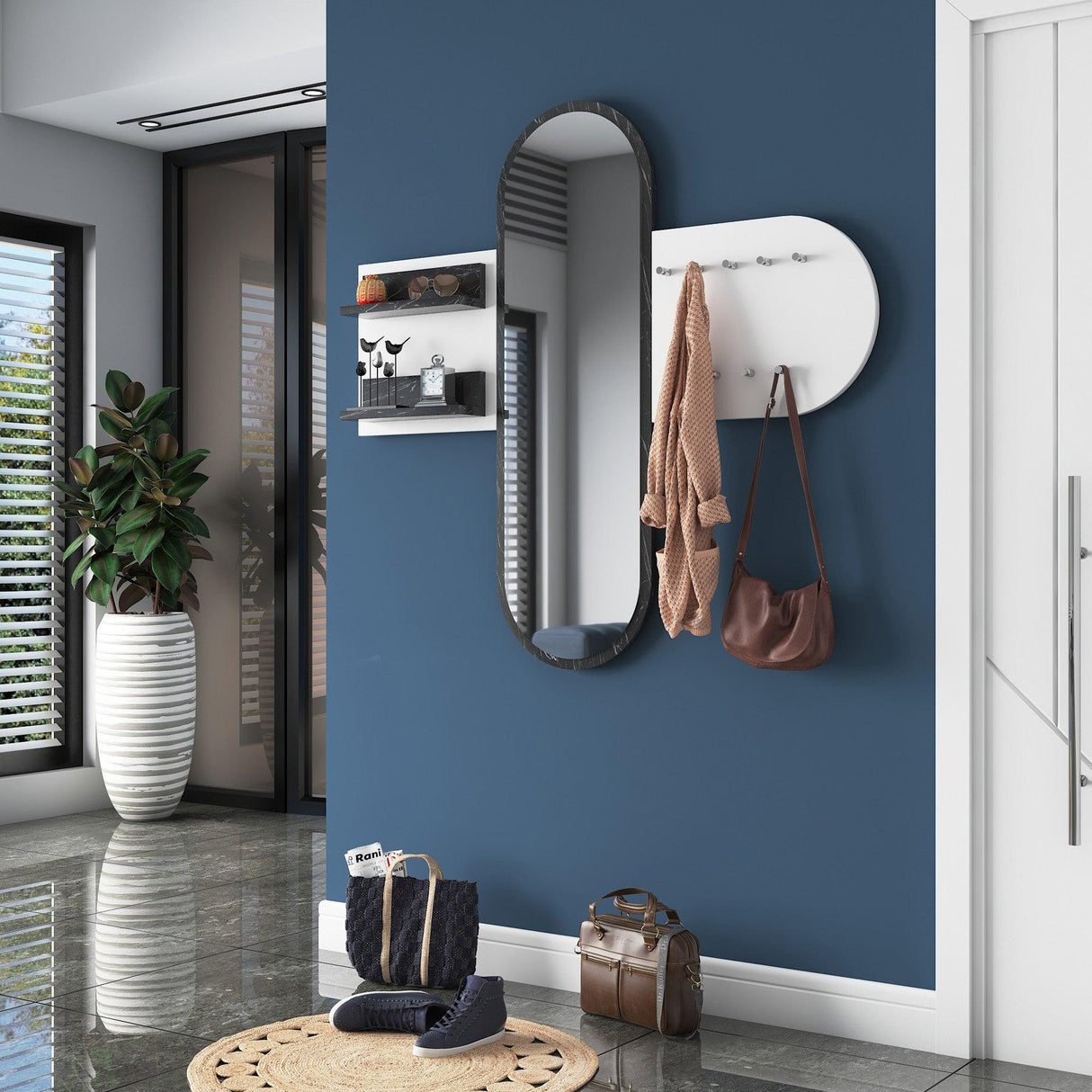 Cuier cu raft si oglinda Canim, Alb - Negru, 125 x 120 x 12 cm