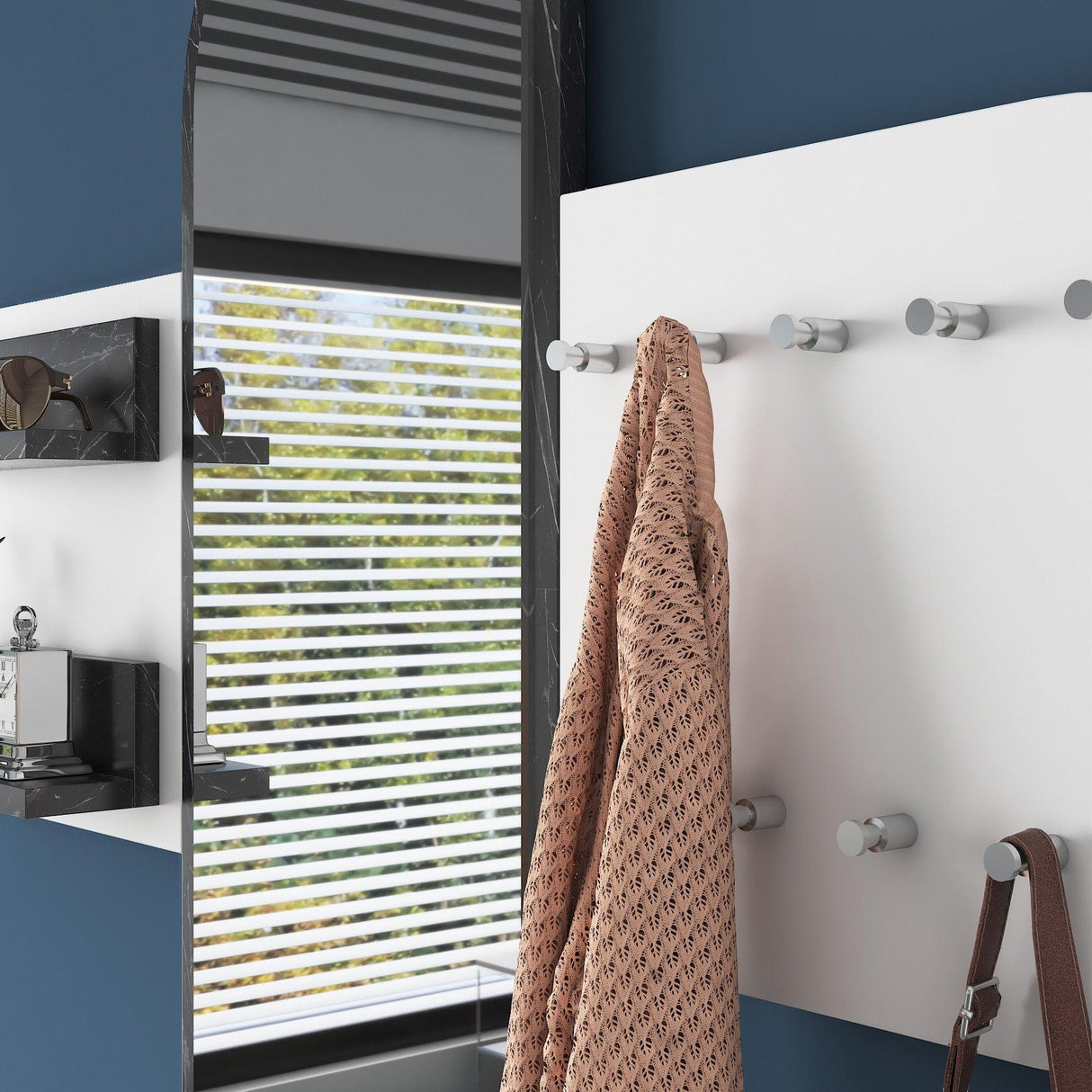 Cuier cu raft si oglinda Canim, Alb - Negru, 125 x 120 x 12 cm