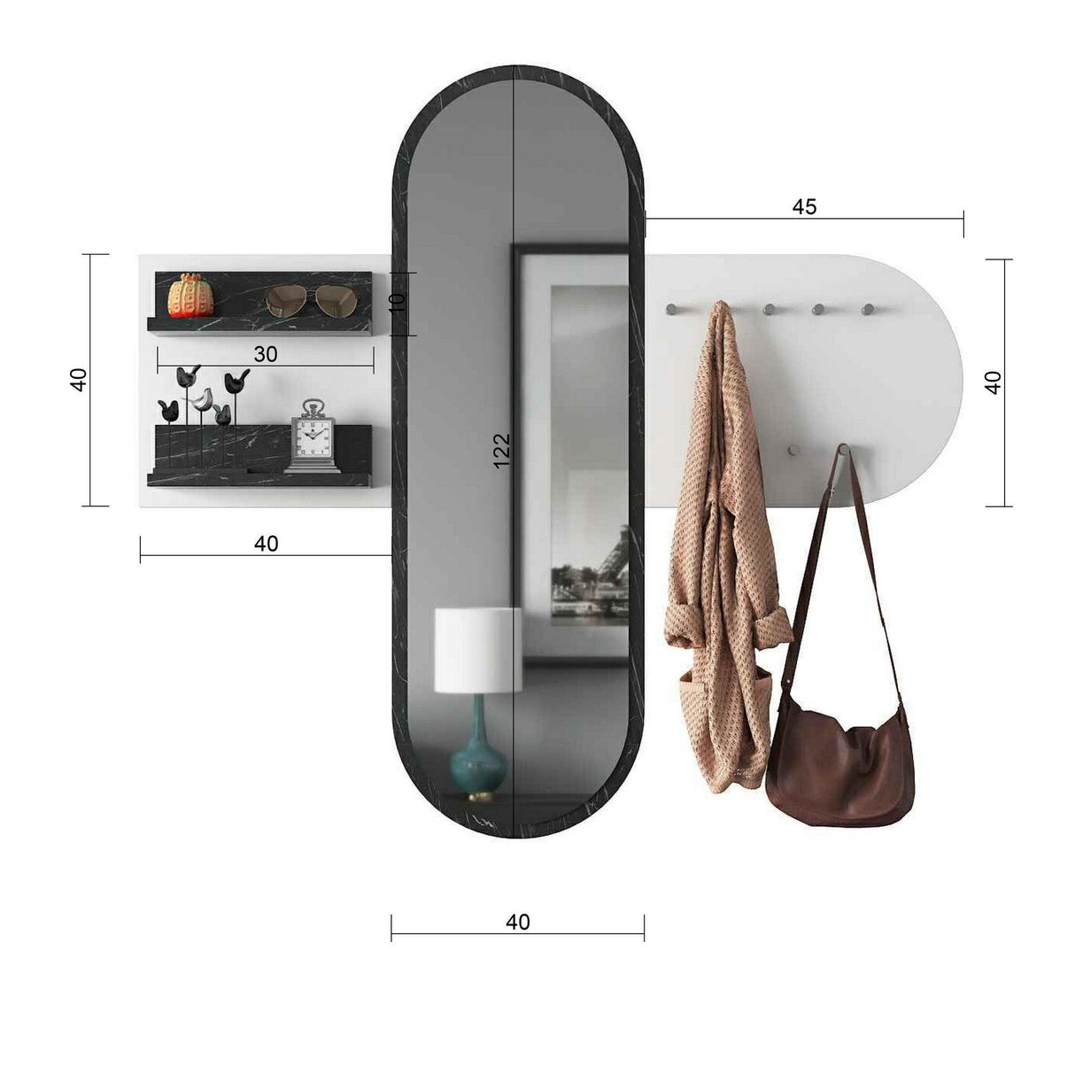 Cuier cu raft si oglinda Canim, Alb - Negru, 125 x 120 x 12 cm